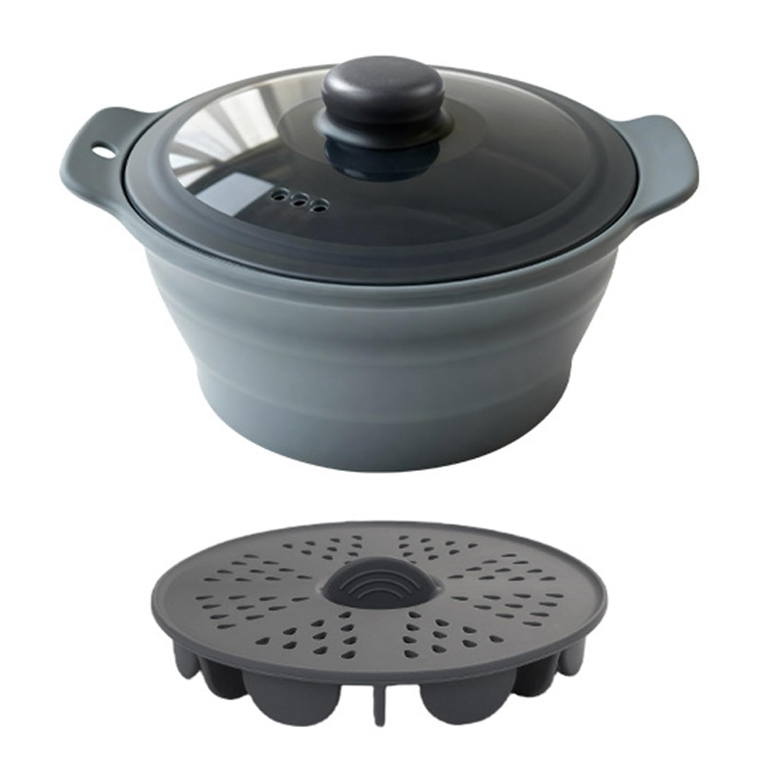 Kalttoy Grey Foldable Silicone Small Steamer Cooker With Basket For Microwave Perfect For Vegetables Eggs Rice 42Oz Pots Collapsing Food Steamer