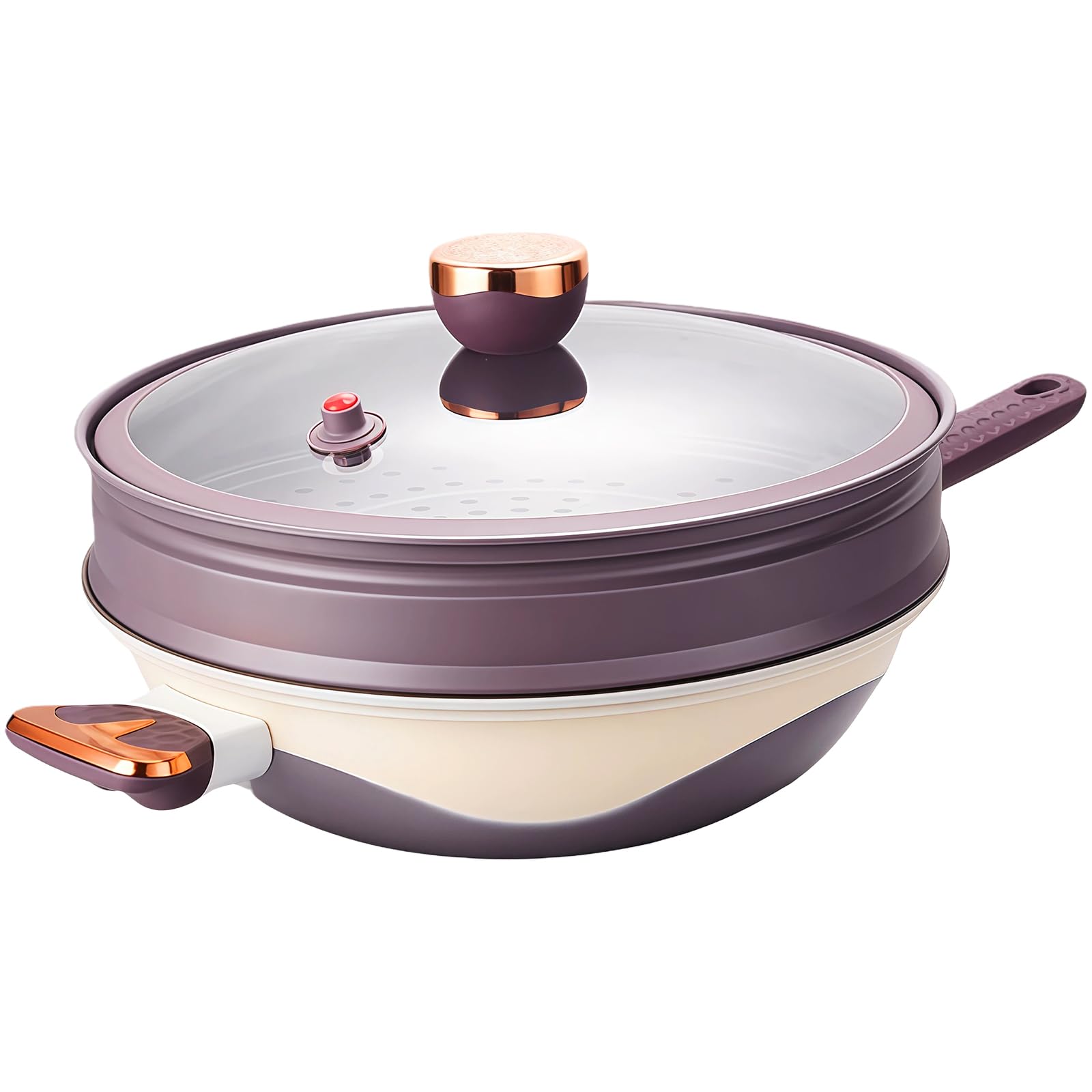 12in Titanium Alloy Non Stick Pot, Multi Purpose Deep Saute Pan with Steamer Basket for Cooking, Frying, Baking, Purple