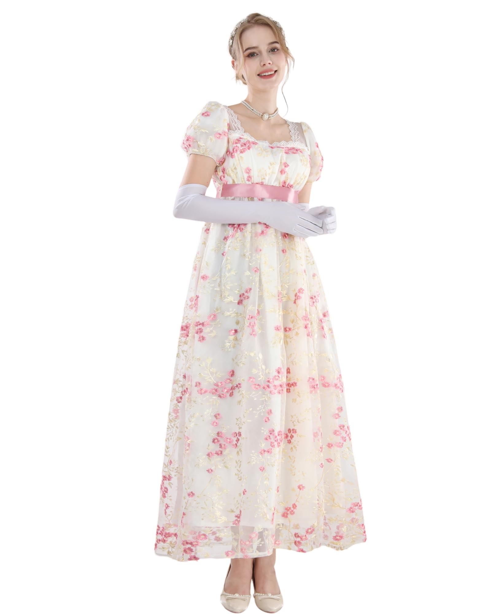 NSPSTT Women Regency Dresses Puff Sleeves Empire Waist Victorian Dresses Pink Long Dress Tea Party Gown with Gloves,M - Image 2