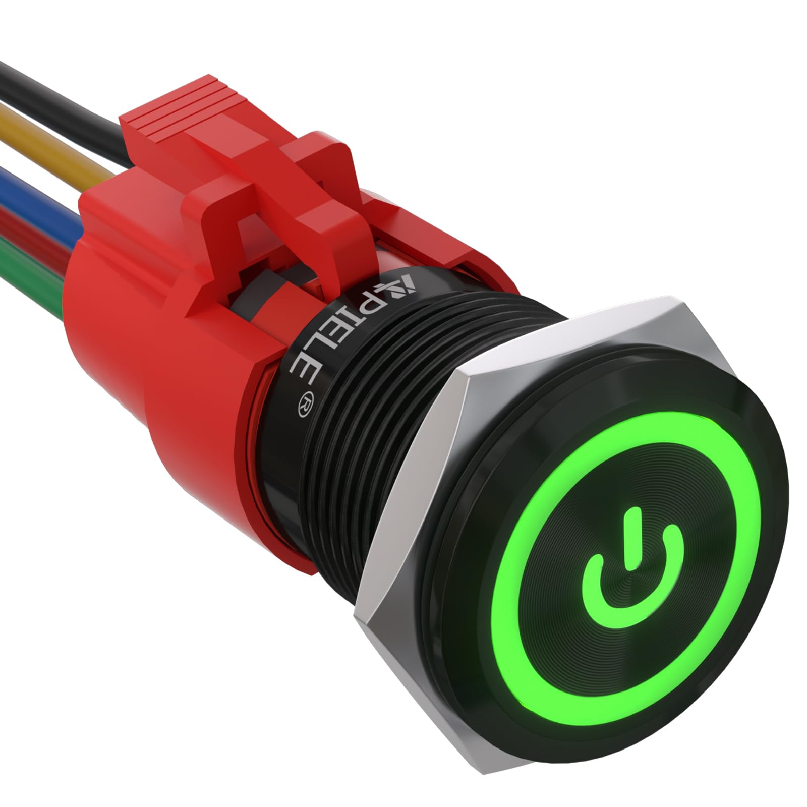 APIELE 19mm Latching Push Button Switch 3/4" 12V DC Black Shell Power Symbol LED with Socket Plug 1NO1NC SPDT ON/Off (Green/Black Shell)