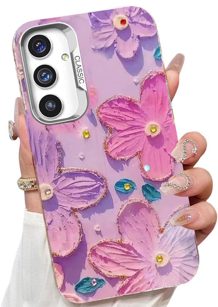Image of Elzzi Compatible with Samsung S24 FE 5G Case Laser Flower Oil Painting Cute Colorful Blue Ray Bumper with Full Camera Protection Shockproof PC+TPU Glossy Shiny Cover for Girls Women, Pink & Purple