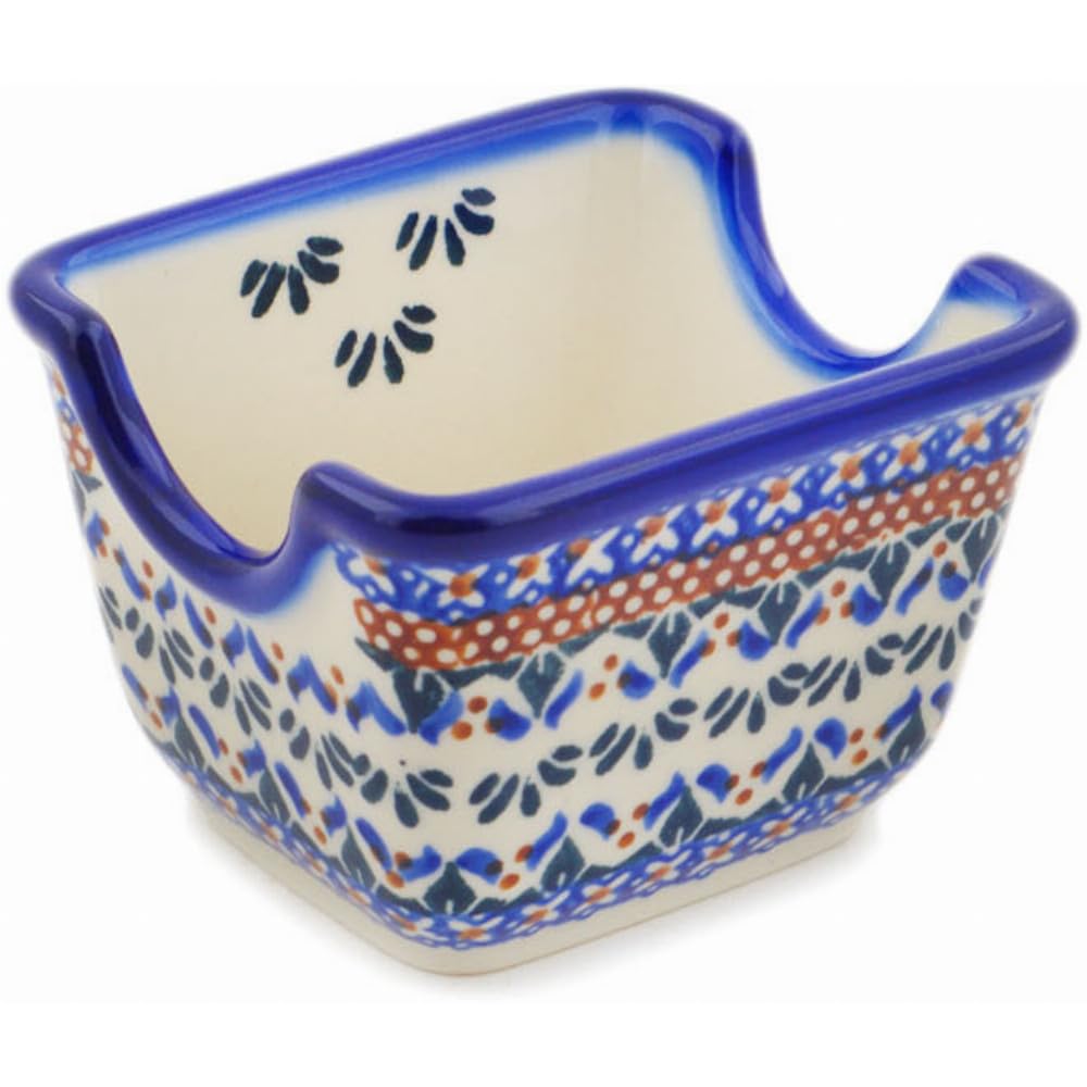Authentic Polish Pottery Sugar Packet Holder in Blue Cress Design Handmade in Boles?awiec Poland by Ceramika Bona + Certificate of Authenticity