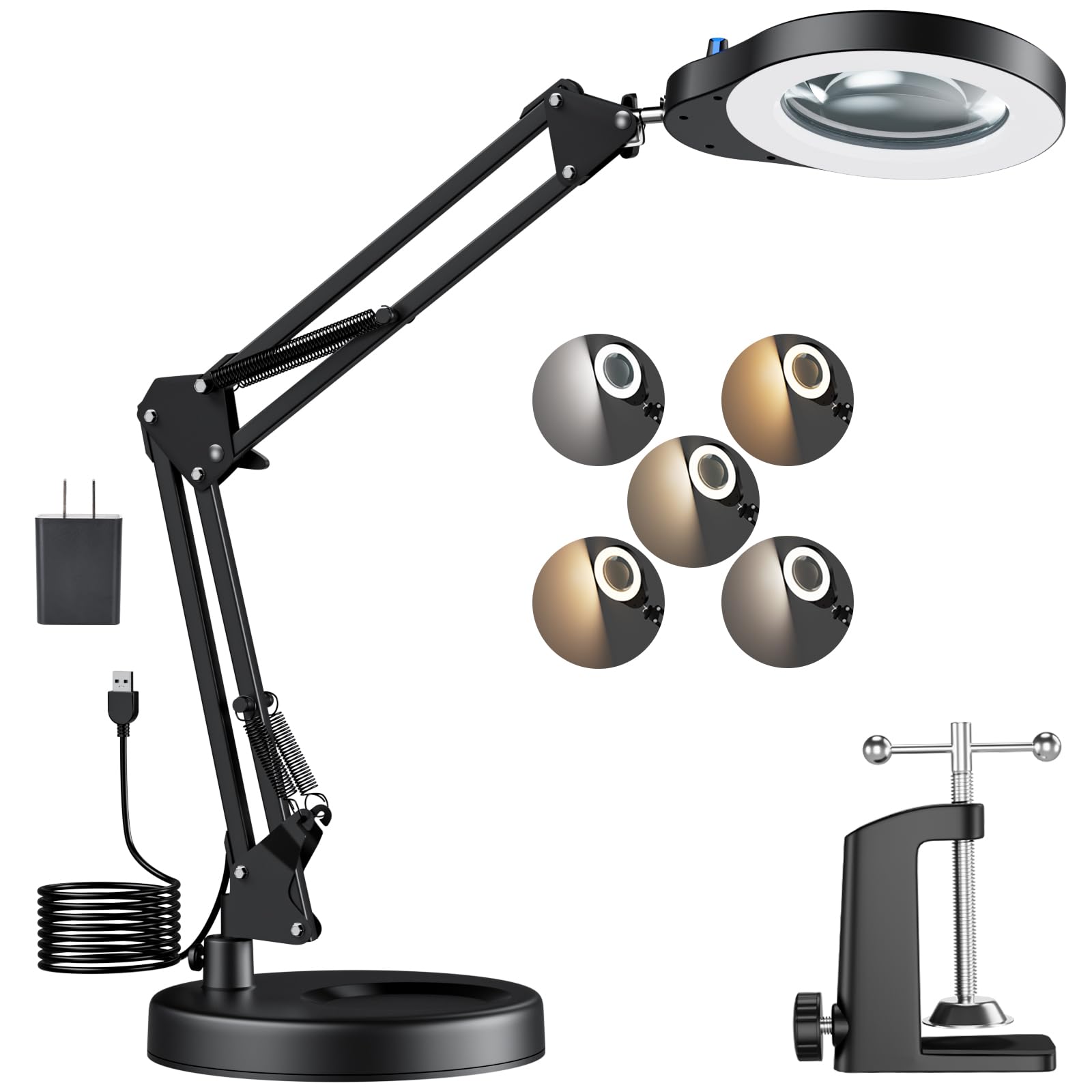 10X Magnifying Glass with Light and Stand, 5 Color Modes & Stepless Dimmable LED Magnifying Lamp, Hands Free Desktop Lamp for Reading, Crafts, Hobby and Close Work