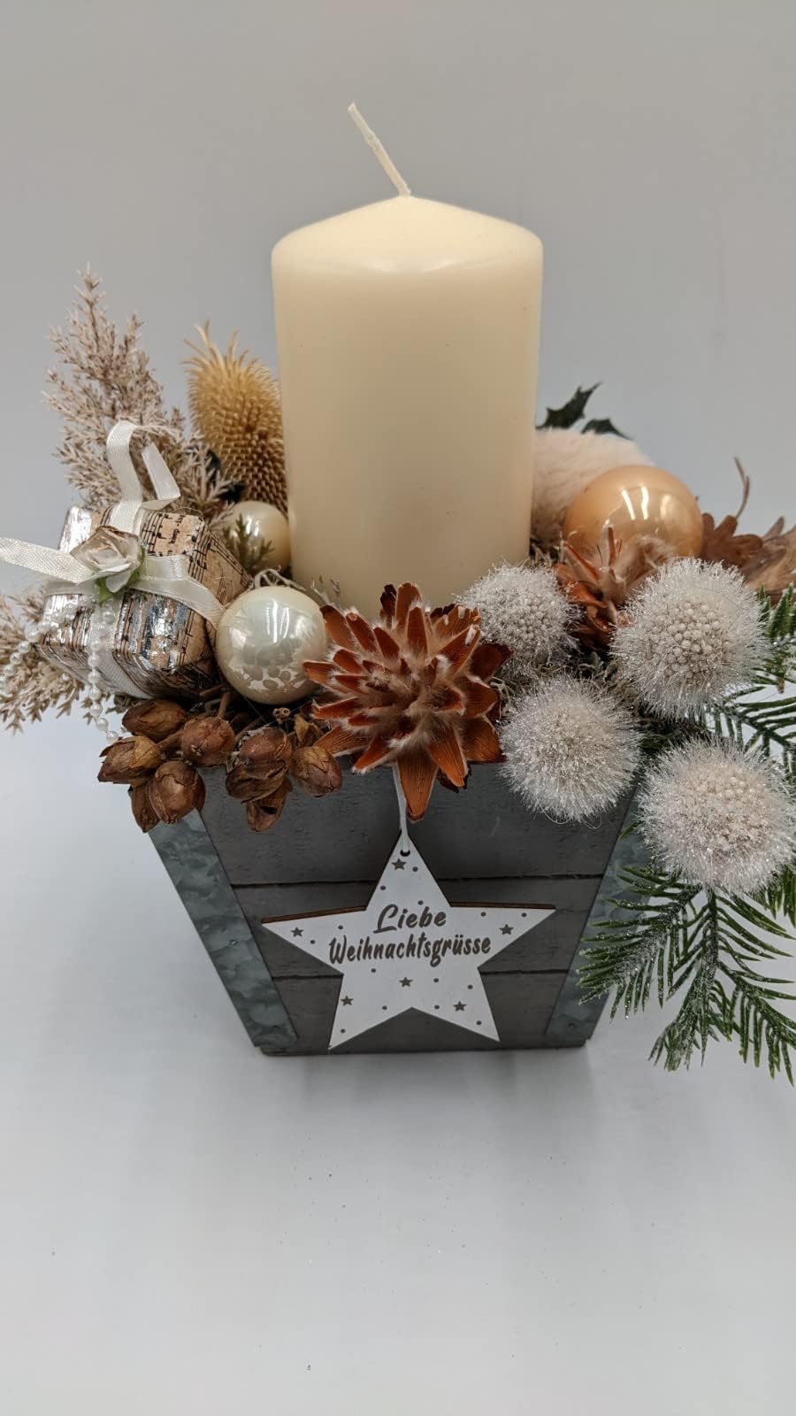 Wintergesteck Weihnachtsgesteck Tischgesteck Stern Kerze Creme grau
