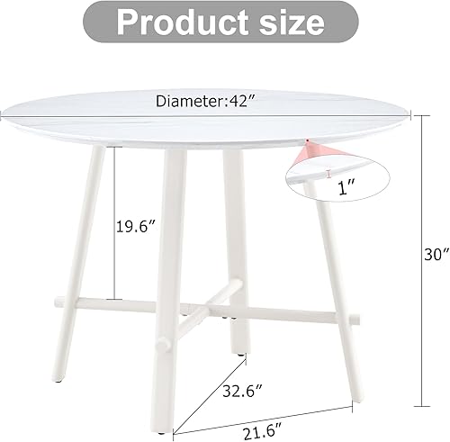 Miniatura 2 de Una moderna mesa de comedor circular minimalista con una mesa de 42 pulgadas de diámetro con patrón blanco y patas de metal blanco. Adecuado para