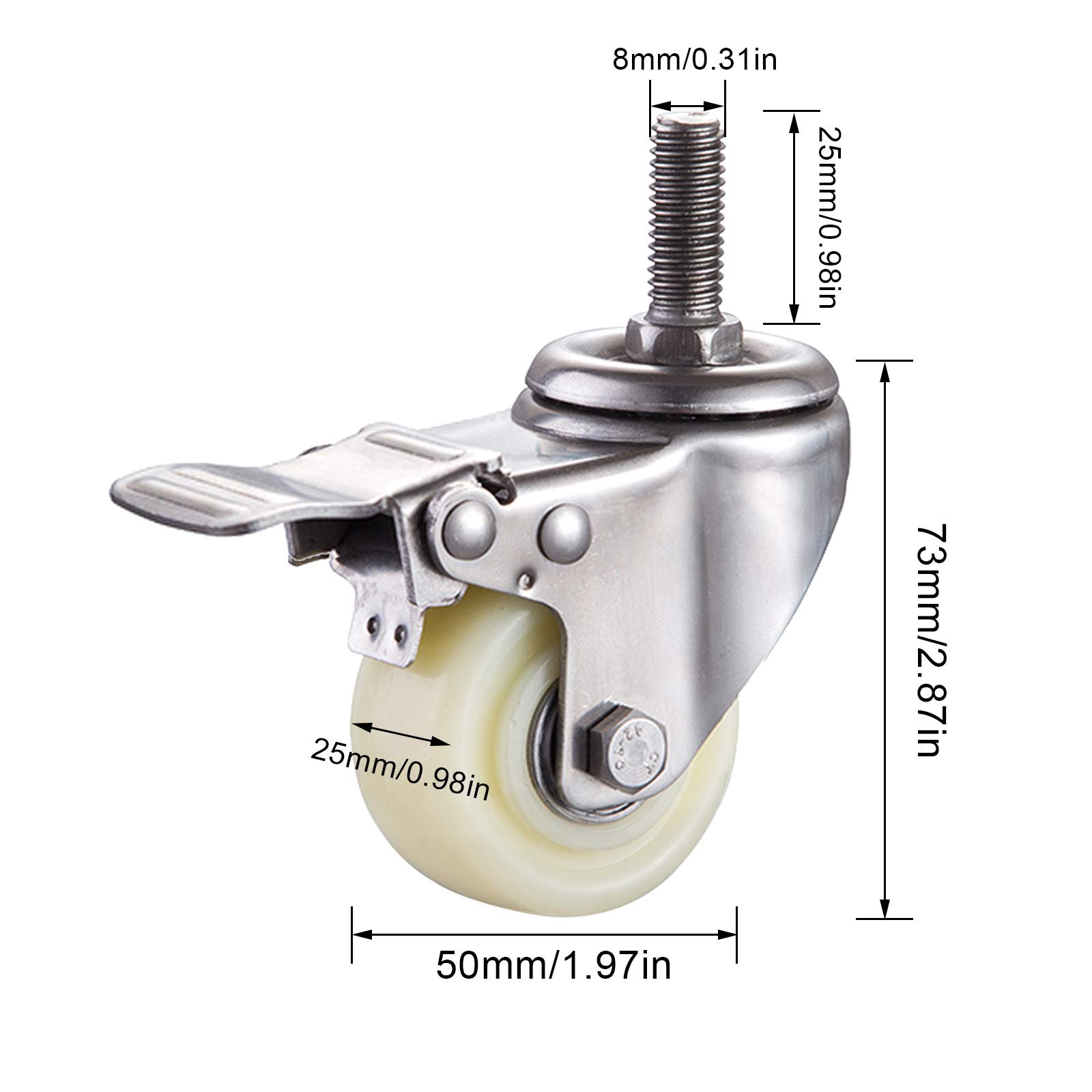 Jolan 4 Pezzi,Rotelle in Nylon con Freno,Rotelle Piroettanti,Rotelle da Trasporto,Bulloni M8/M10/M12,Rotelle per Mobili Pesanti,Carico 400 kg,4brakes,50mm/M8