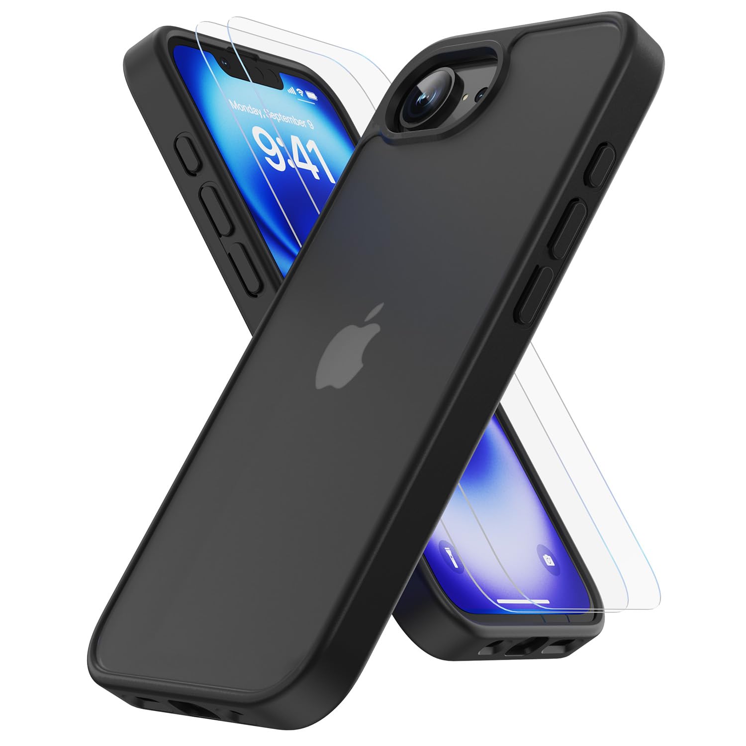 HEROMI iPhone 16e/17e 用 ケース【強化フィルム2枚付き】米軍規格 いphone16e 17e ケース 半透明 耐衝撃 指紋防止 滑り止め ワイヤレス充電 耐久性 全面保護 黄ばみなし アイフォン 16e/17e 用 6.1インチ用 ブラック