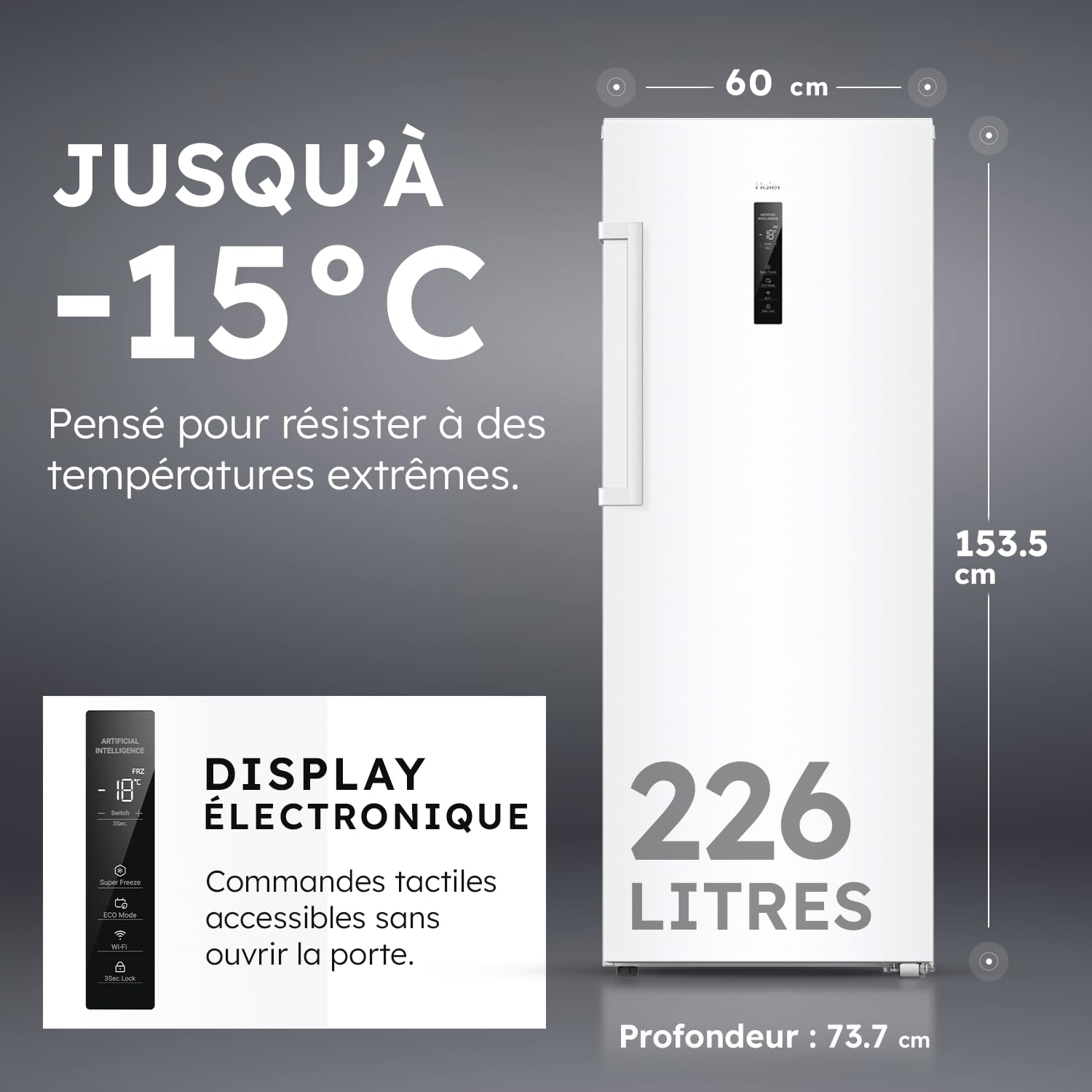 Haier Congélateur Armoire Connecté 1 Porte Total No Frost 226 Litres 153,5x60x73,7 cm H4F226WEH1 Blanc