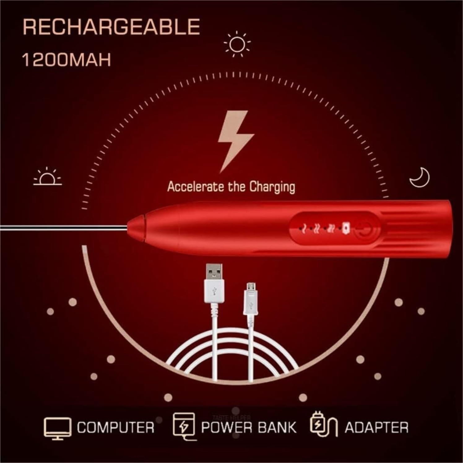 Espumador de Leche, ESPUMADOR DE Leche ELÉCTRICO DE Mano Espumador De Café Recargable con Agitador De 2 Batidores Bubbler Leche para Capuchino(Rot)
