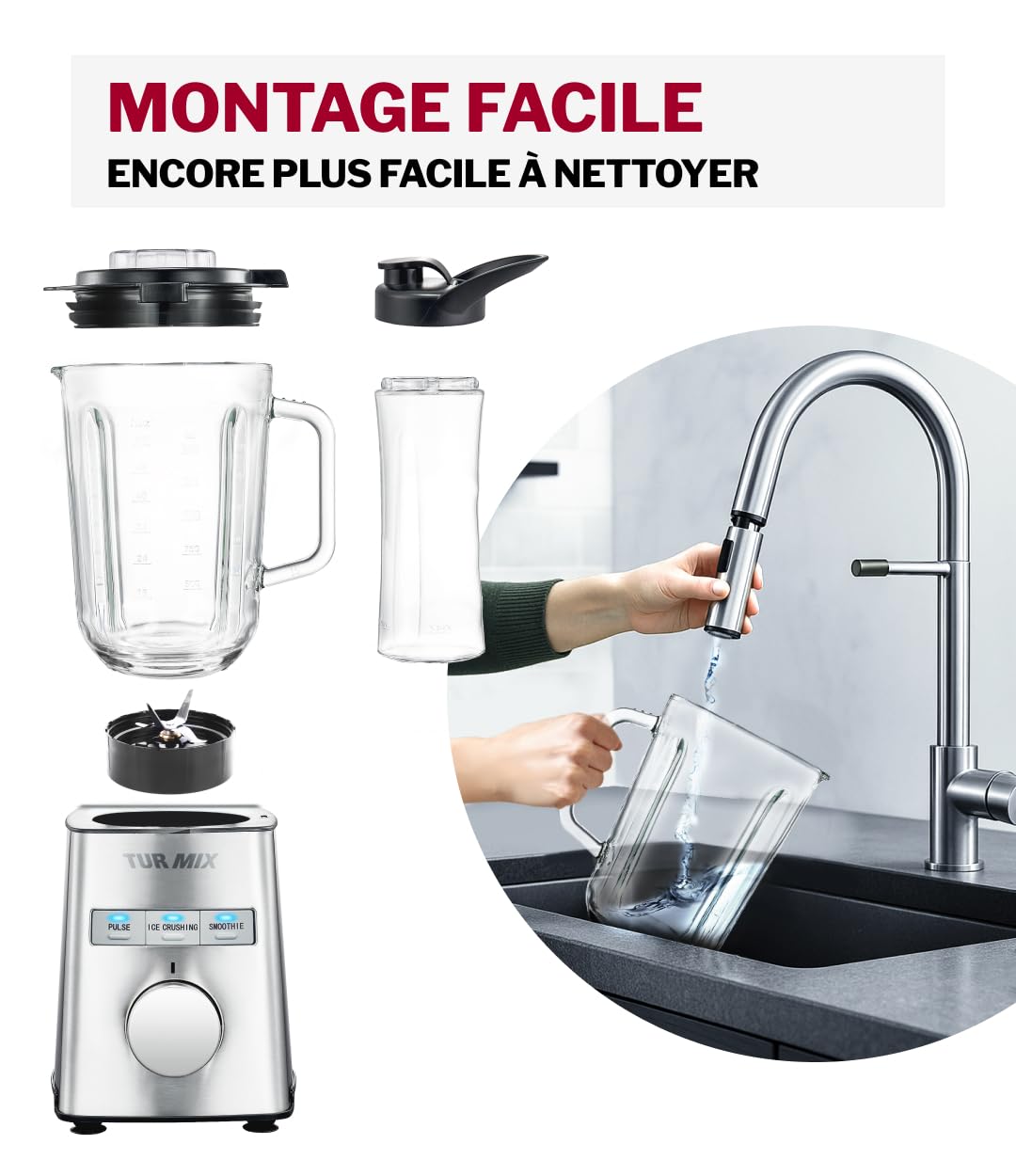 Turmix Mixeur sur socle haute performance CX 750 – 1000 W, couteau en acier inoxydable à 6 lames, smoothie maker & mixeur verre 1,5 L, gobelet à emporter, fonction continue & pulse