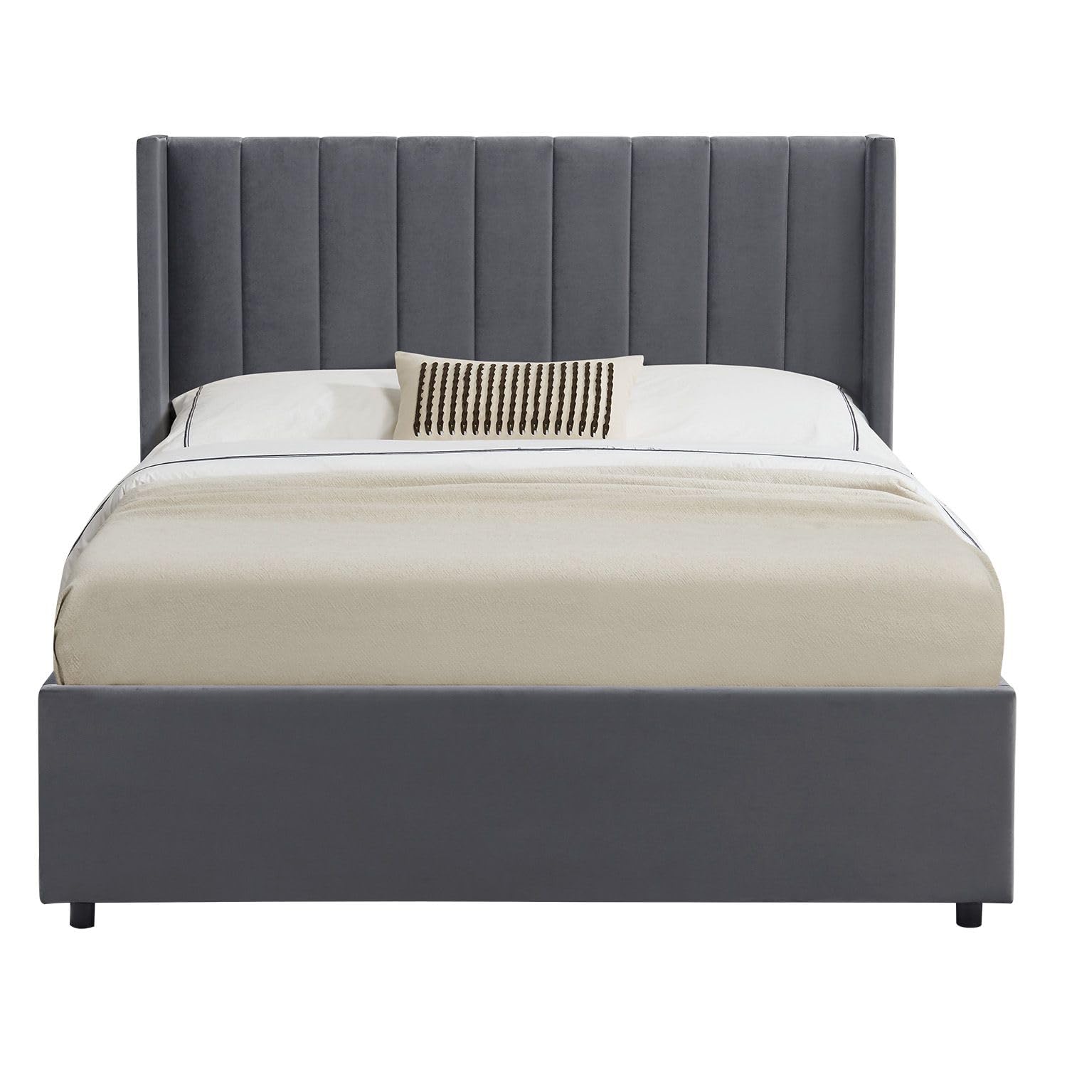 Juskys letto imbottito Savona 120x200 cm, letto con contenitore, rete a doghe, rivestimento in velluto, struttura in legno, fino a 250 kg, testiera grande, grigio scuro