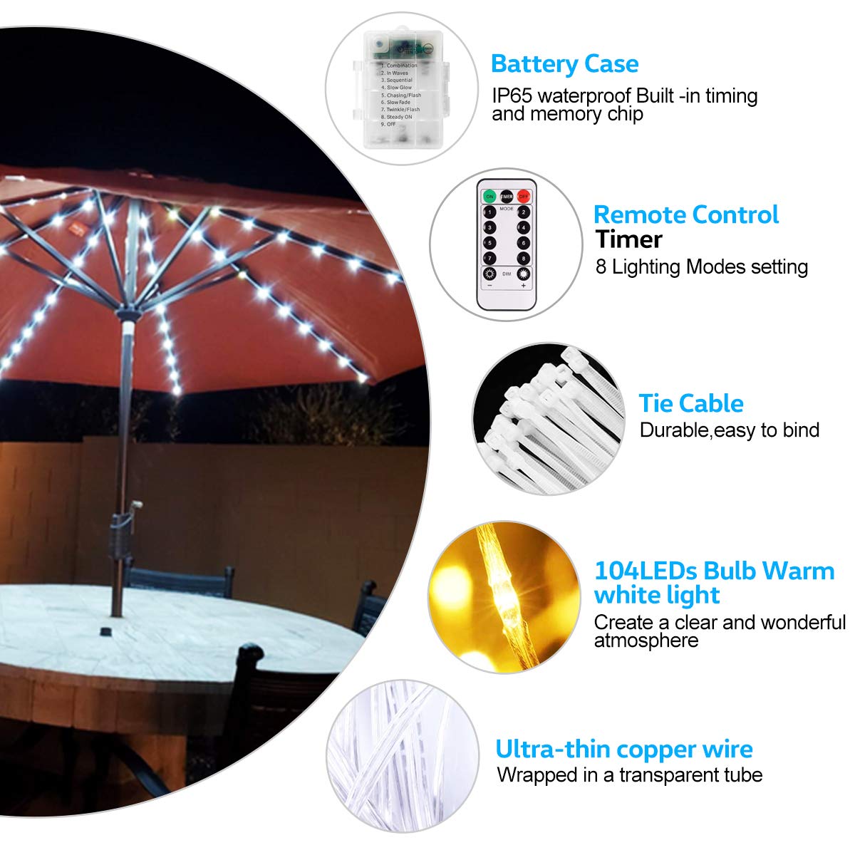 104 led copper wire patio umbrella lights iYeHo Light String, 8 Brightness Modes, LEDs, Warm White, Waterproof, Dimmable, Battery Operated, Indoor/Outdoor Use DAIWA 1000C HS GR Judo Accessories good stability Size:15LB 0.16mm (8 Strands)-549 Yds