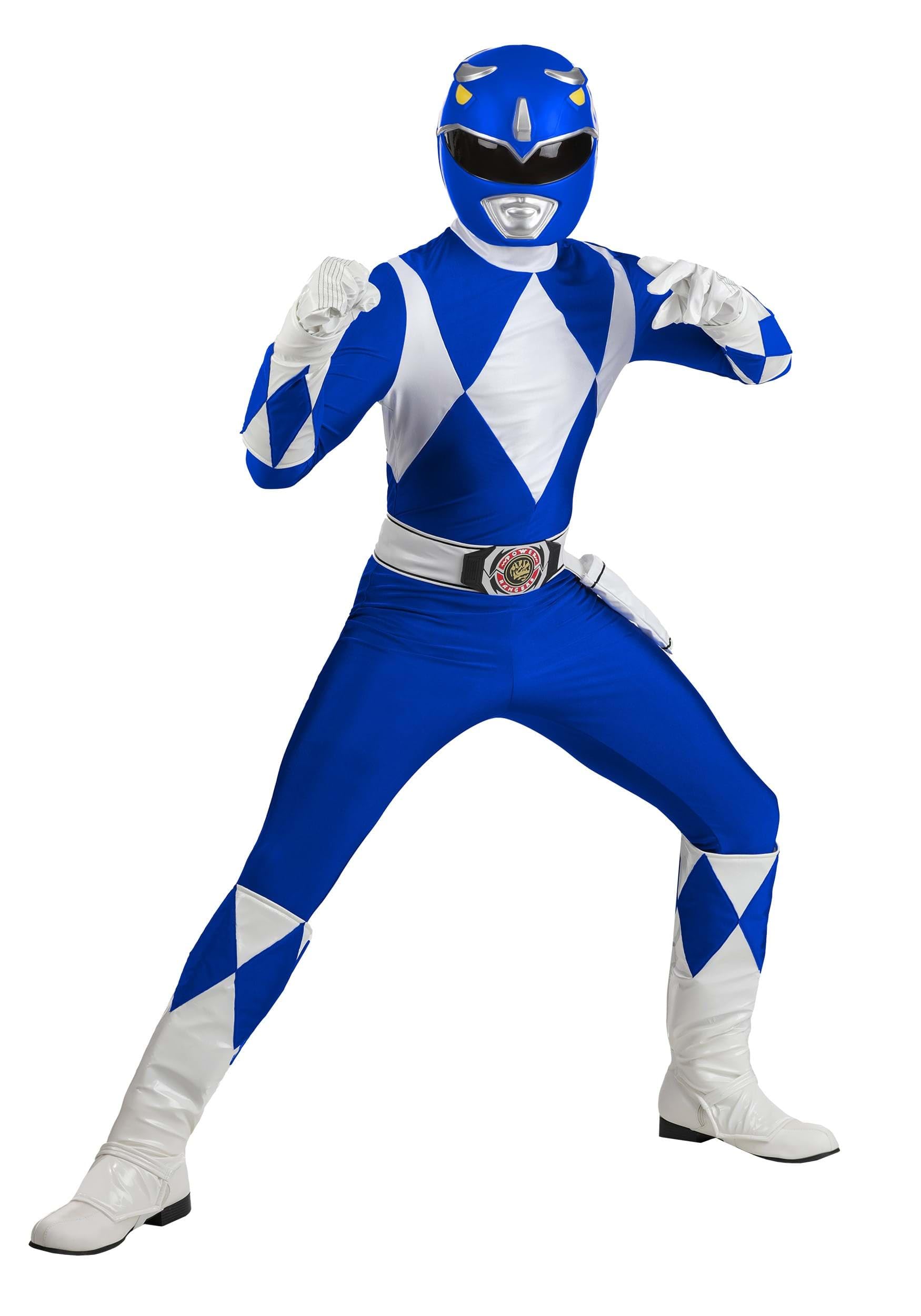 Mens Power Rangers Blue Ranger Costume | Adult Jumpsuit with Helmet, Belt, Wrist Guards, Gloves and Boot Covers