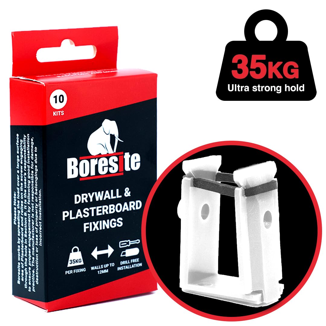 Boresite Heavy Duty Wall Fixings – Drill-Free Plasterboard Fixing Kit – Holds Up to 35kg – Strong & Easy Install for 12.5mm Stud Walls – Made in Scotland (10)