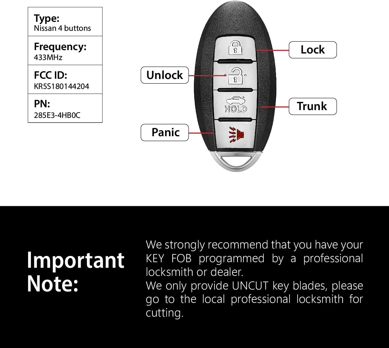 Replacement for 2016 2017 2018 2019 2020 Infiniti Q50 Q60 Key Fob Remote Control KR5S180144204 4 Buttons 433MHz - Image 3