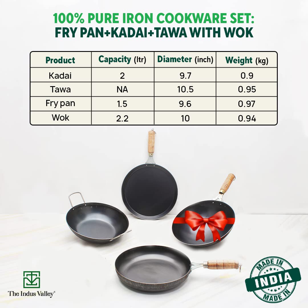 The Indus Valley Pre-Seasoned Iron Cookware Set + Free Wok (25 Cm) | Kadai (24 Cm) + Fry Pan (24 Cm) + Tawa (26 Cm) | Kitchen Cooking Combo Pots and Pans Set of 4Pcs | Naturally Nonstick, Black 1