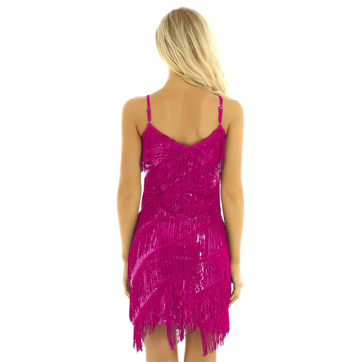 Freebily Vestido de Baile Latino para Mujer Vestido Clásica Tango con Lentejuelas Brillante y Flecos Vestido Baile Sexy Fiesta Carnaval Mujer