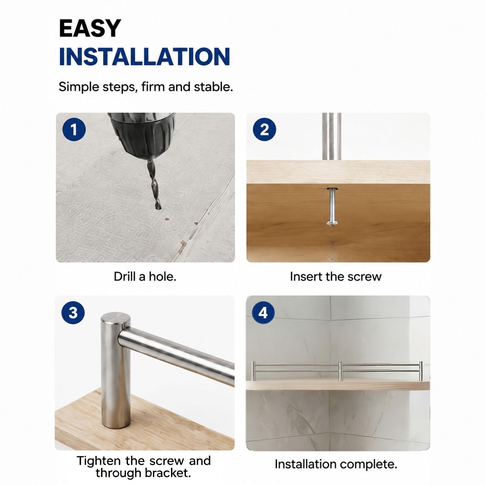 Riel de Estante Barandilla De Acero Inoxidable 100 cm Doble Barra Para Pared, Anti-caída Para Autocaravana Y Armarios, Varillas Divisorias Ajustables(6pcs,19.5in/50cm)