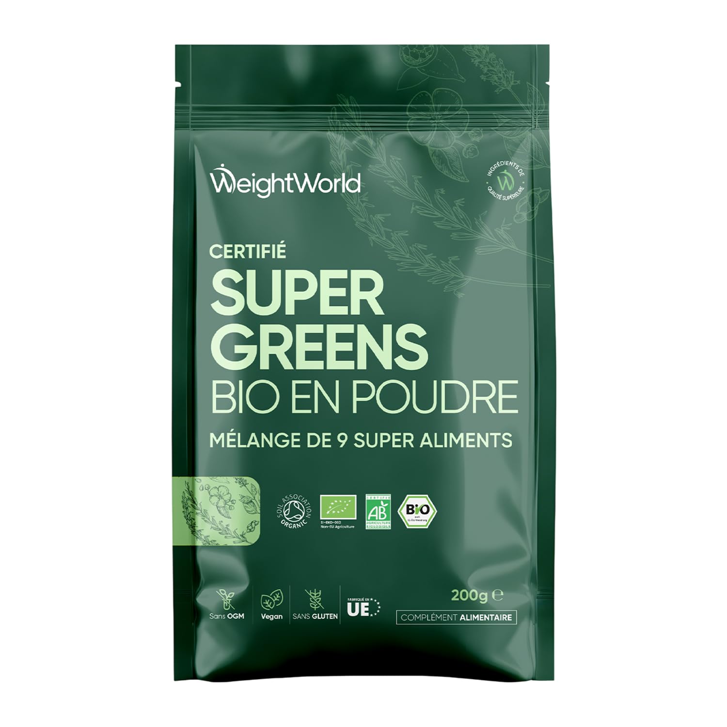 Super Green Poudre Bio 200g 40 Portions 9 Superfood Greens, Matcha Bio, Poudre de Maca, Guarana, Chlorella Bio, Baobab, Herbe de Blé, Acai, Orge, Graines de Lin Bio, Source de Vitamines & Minéraux
