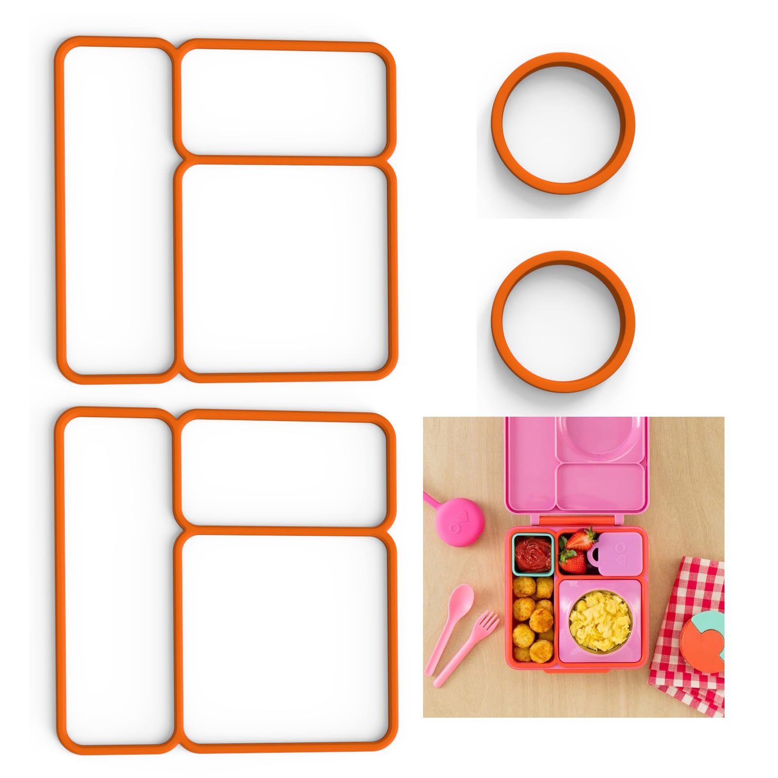 2 pack Lid Seal Gaskets and 2pack Container Seal Gaskets For OmieBox，Fit Replacement Parts For Kids Bento Box,100%Food-Safe Silicone Rubber,Essential Lunch Bento Box Accessories for Kids (Orange)-image-38