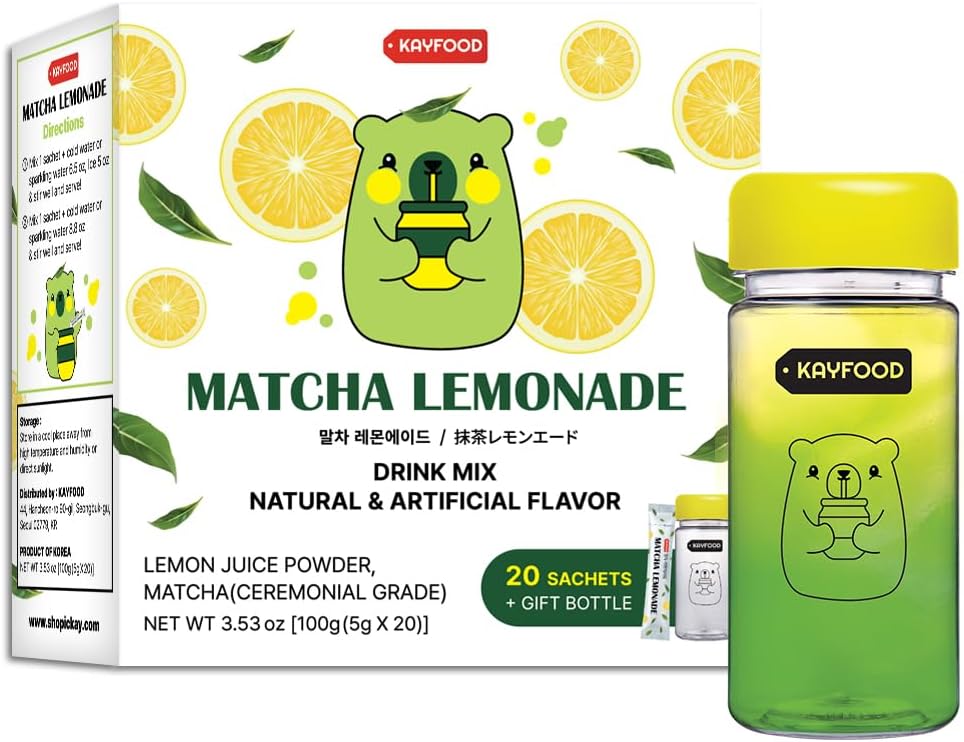KAYFOOD Matcha Lemonade Premium Korean Green Tea & Lemon Juice Powder mix 0.1oz/5g x 20 stick packs (3.53oz/100g) with Gift Bottle Sugar Free Diet macha green tea ade matchamix