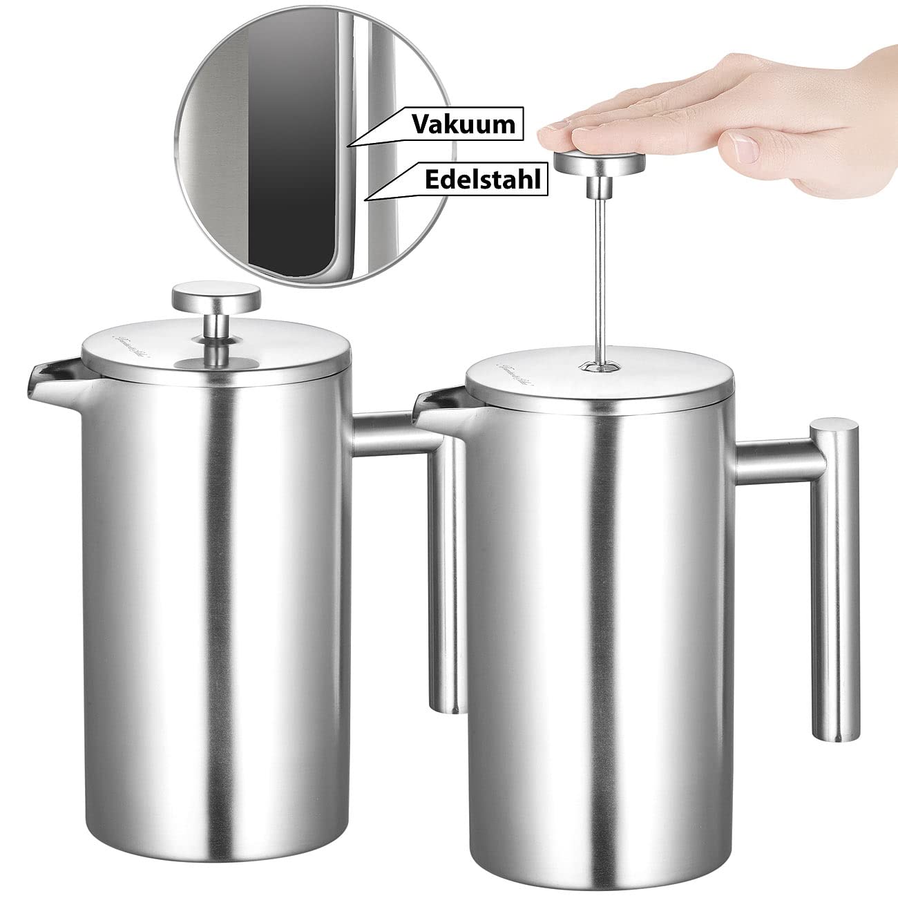 Rosenstein & Söhne Isolier Kaffeebereiter: 2er-Set Thermo-Kaffeebereiter, French-Press, Edelstahl, 1 Liter (doppelwandig, Press-Kaffeemaschine, Tasse)