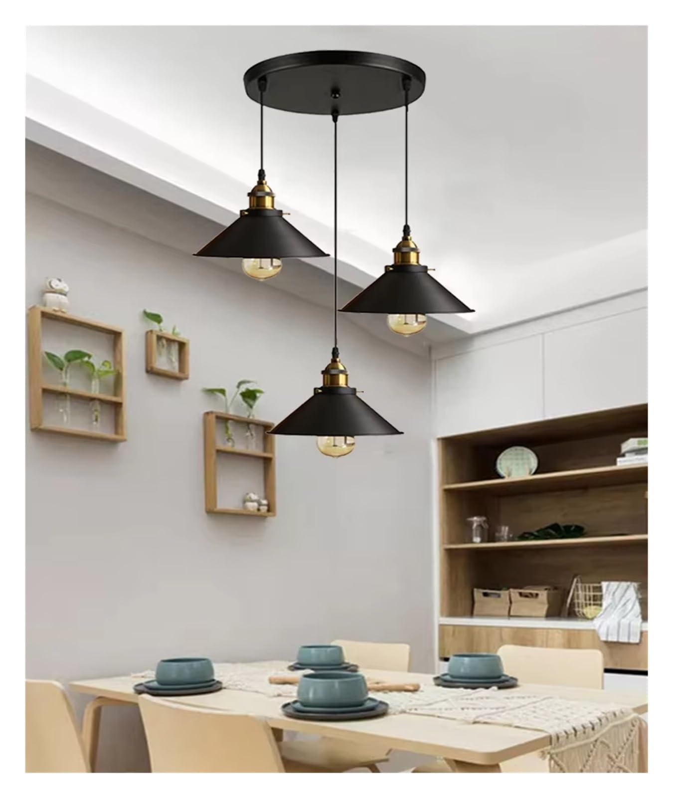 ASerZenith Nordic Restaurant Office Dining Room Chandelier 3 Heads Round Long Lighting Fixtures Black Pendant Lamp,Cool White-30Cm