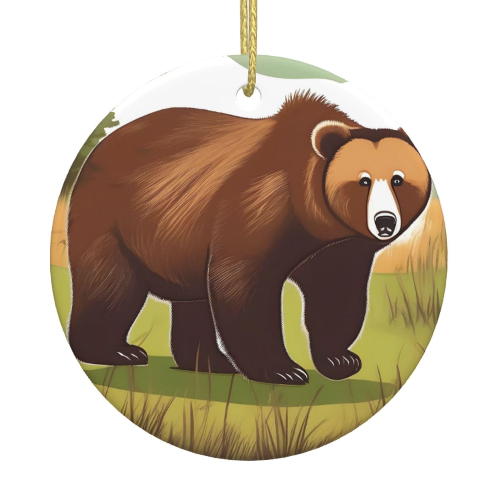 Brown Bear Walking Printed Christmas Tree Ceramic Ornaments Holiday Decoration Christmas Unique Pendant for Christmas Party