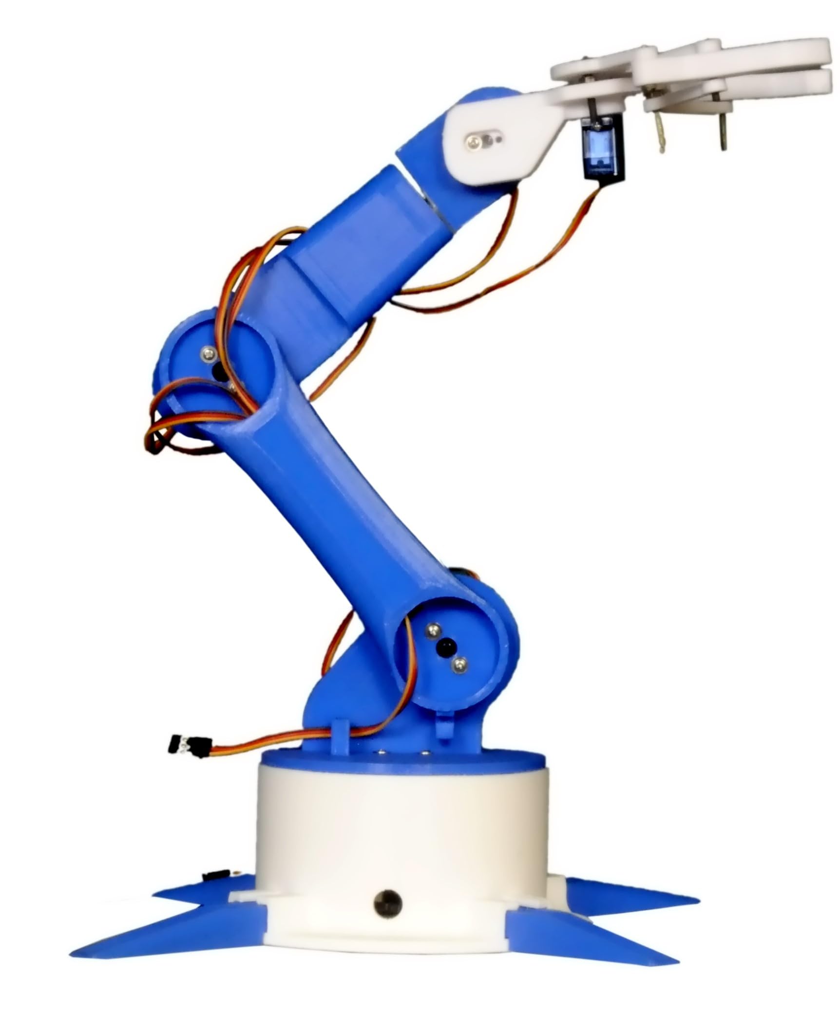 RoboWings™ 5-DOF Robotic Arm with Stable Base and Legs for STEM Projects, 3D Printed Plastic Parts, Big Size, DIY Project Kit with Nuts and Bolts (White and Blue)
