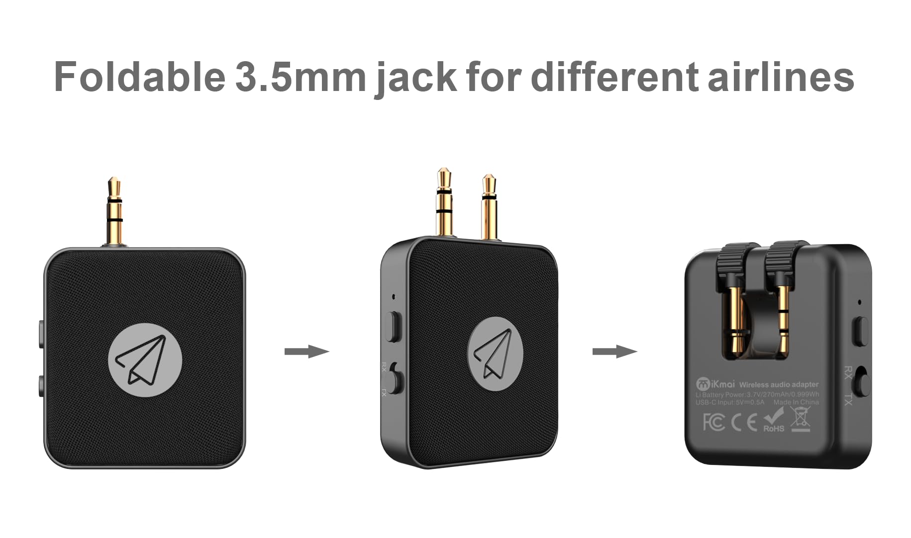 Faltbarer Bluetooth-Sender-Empfänger-Adapter, 3,5-mm-AUX-Buchse für verschiedene Fluggesellschaften, überträgt Audio vom Flugzeug/TV auf 2 Airpods/Kopfhörer, Empfang von Audio vom Telefon