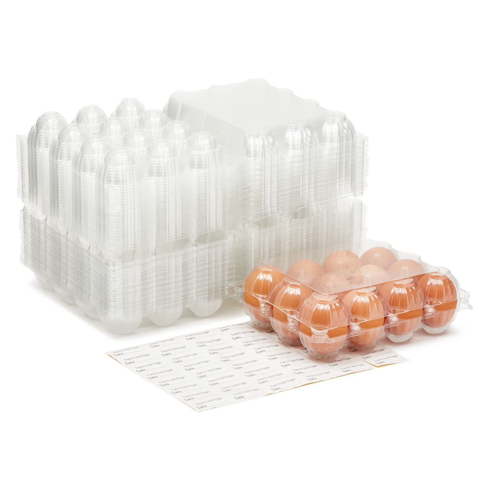 Stockroom Plus 48-Pack Plastic Egg Cartons, Holds 1 Dozen with Date Labels Included, Bulk Pack of Reusable Egg Cartons for Chicken Eggs, Home Ranch, Farm, Commercial Use, Market Display