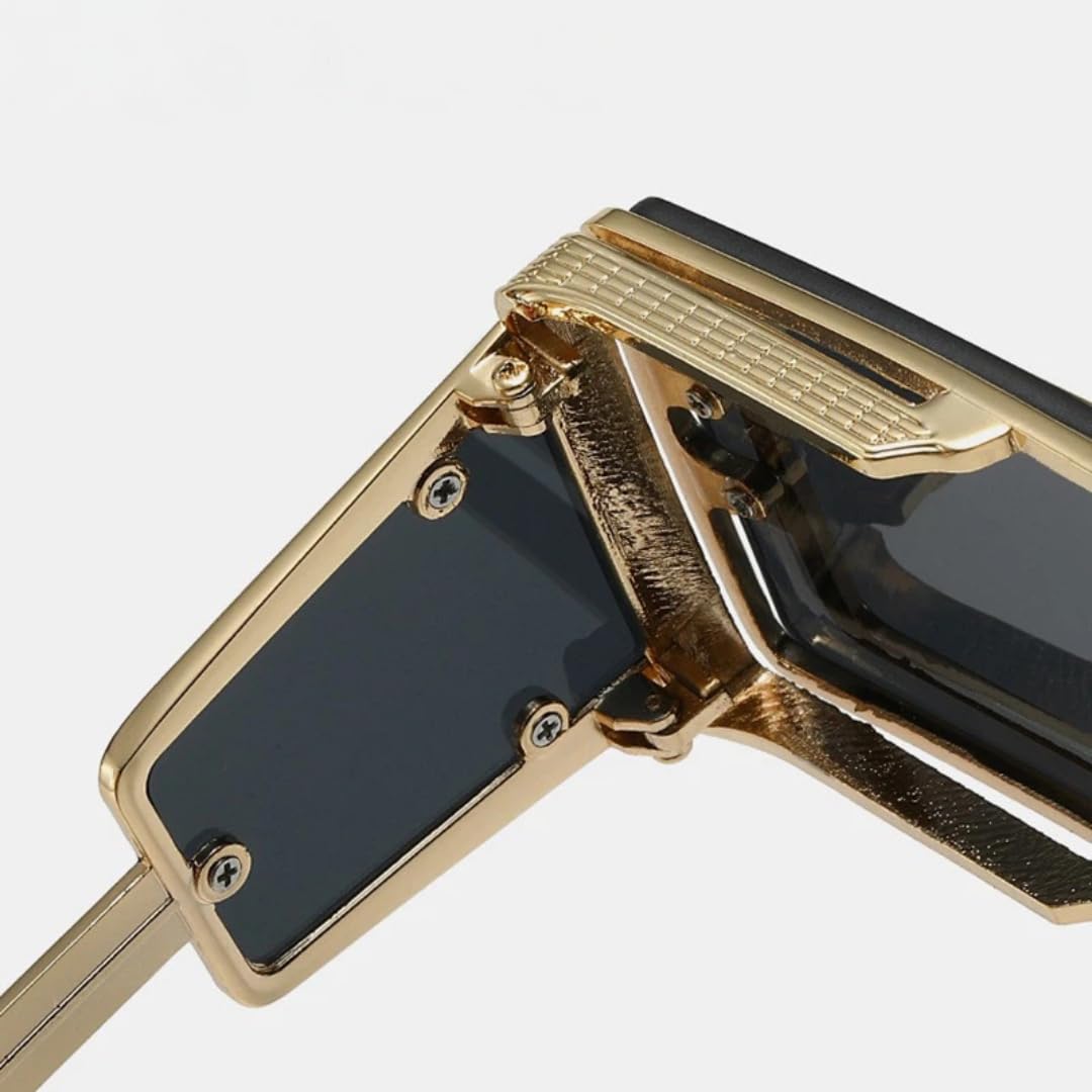 Gafas de sol cuadradas geométricas negras, marco lateral de metal dorado | Marco cuadrado grueso con ribete de metal dorado texturizado, diseño único de panel lateral y lentes oscuras protectoras
