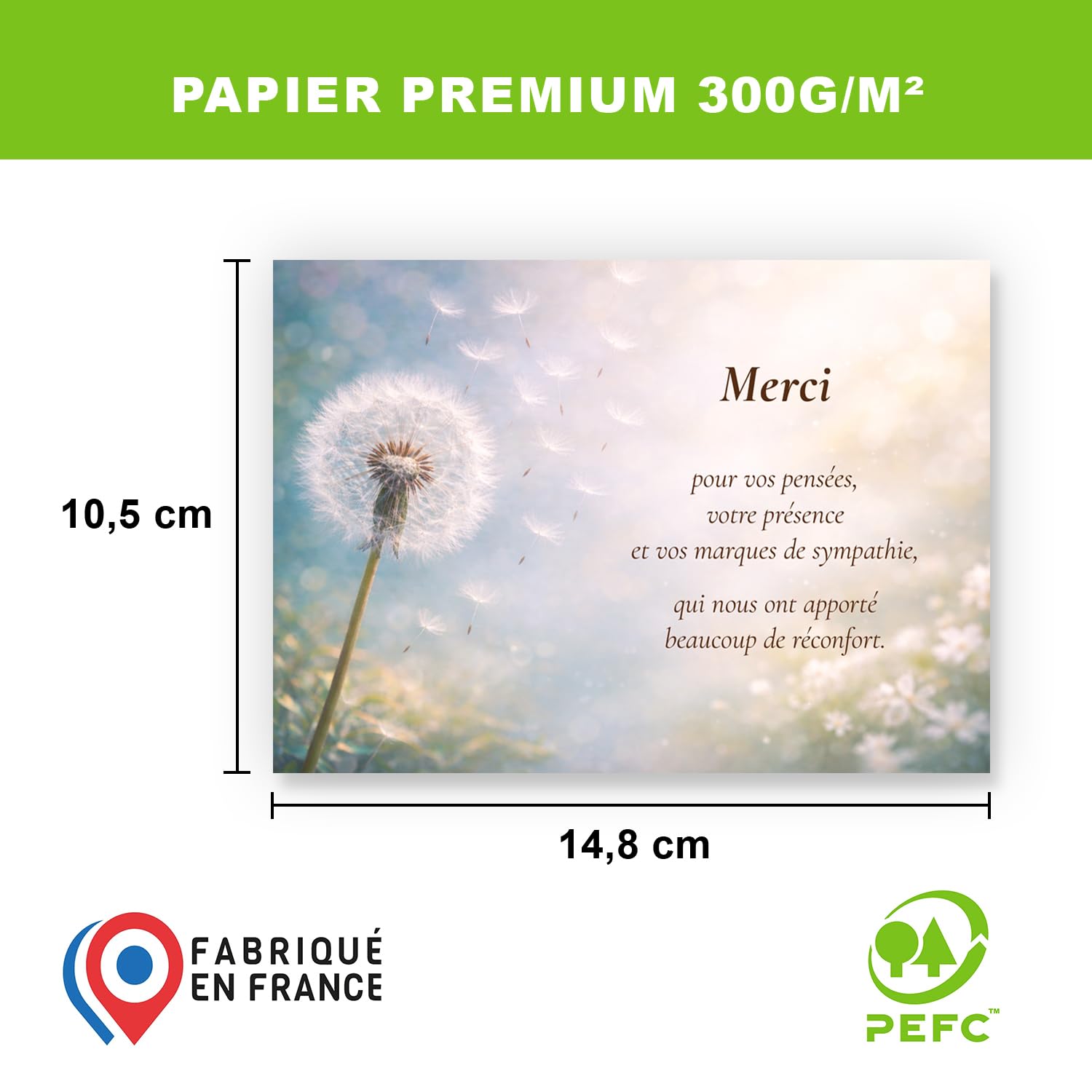 Lot de 50 Cartes de remerciements décès condoléances + 50 Enveloppes autocollantes Visuel Pissenlit 10x15 cm