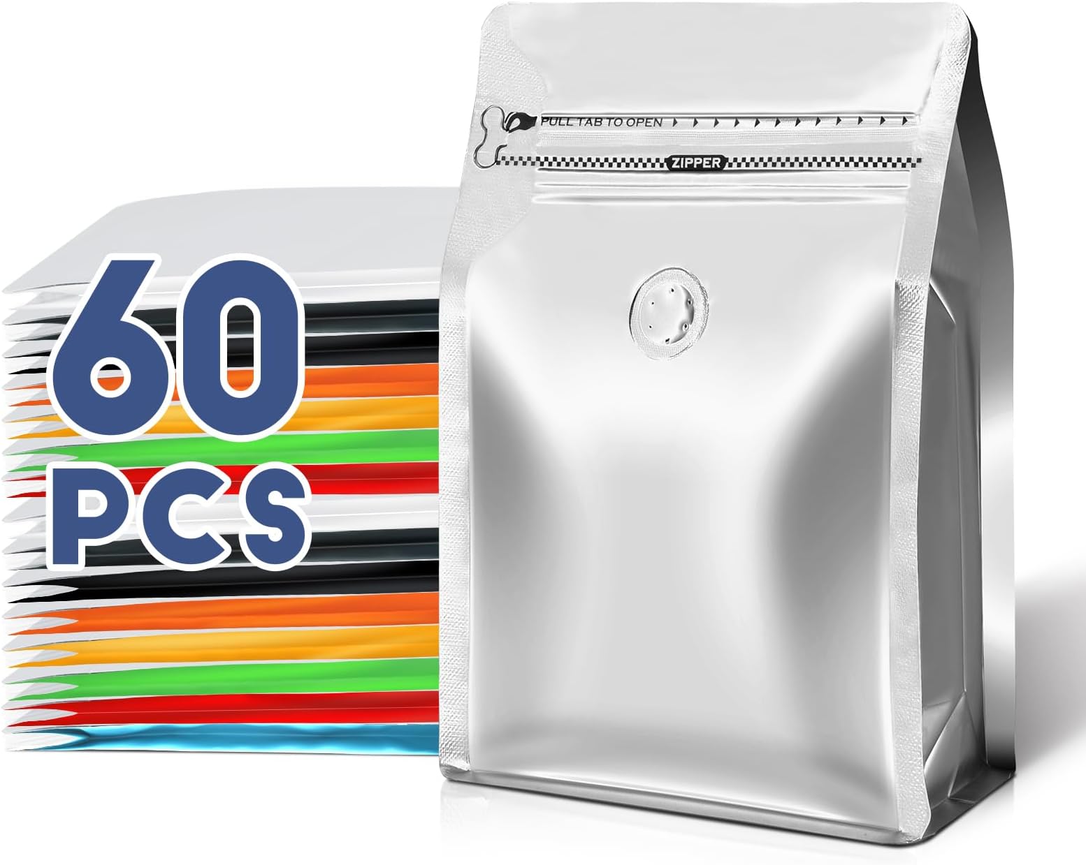 Coffee Bags with Valve(60pcs,8 oz,1/2 lb) Vented Coffee Beans Packaging Bags High Barrier Aluminumed Foil Flat Bottom Heat Sealed Side Zipper Resealable Storage Bag for Home or Business（Silver）