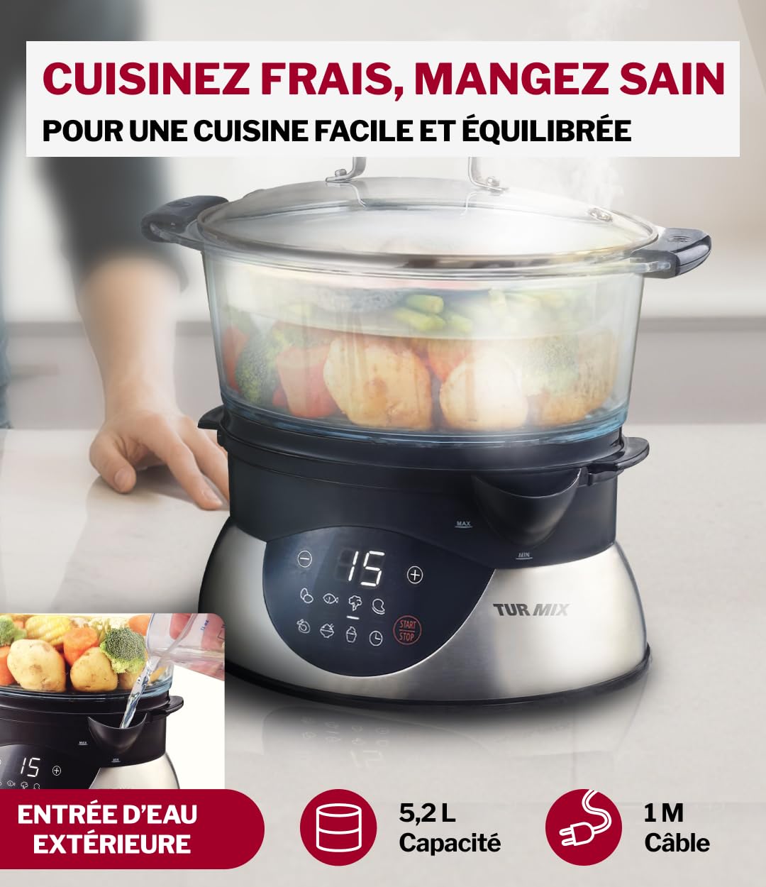 Turmix Steamer CX 220 – Cuiseur vapeur 5,2 L avec récipients en verre et écran numérique, commande tactile, fonction de maintien au chaud, démarrage différé, programme yaourt