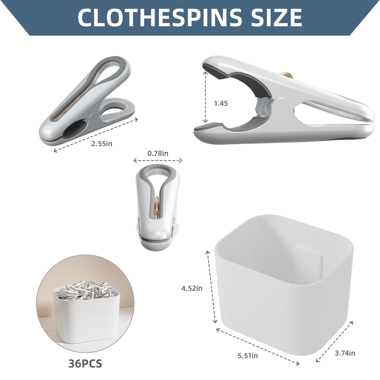 Paquete de 36 pinzas de plástico multicolor con caja de almacenamiento, clips resistentes de 2.5 pulgadas con agarre antideslizante sin rastro, clips de lavandería resistentes al viento para ropa