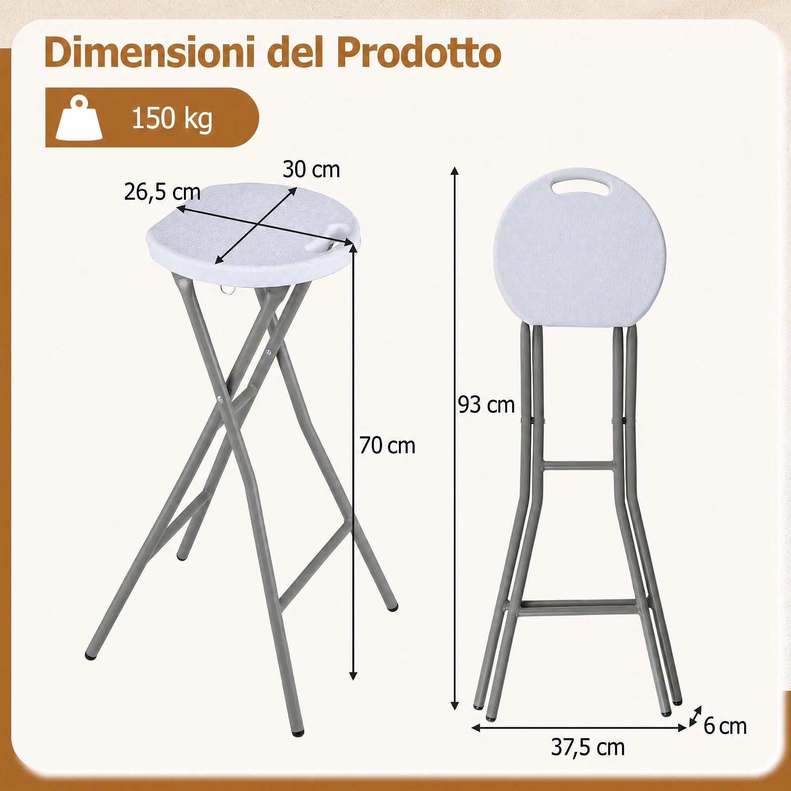 COSTWAY Sgabello Pieghevole da Campeggio in HDPE con Maniglia (Bianco,1) | Sedia Portatile con Gambe in Metallo, Sgabello Rotondo per Interno ed Esterno, per Cucina, Picnic e Pesca, Portata 150 kg