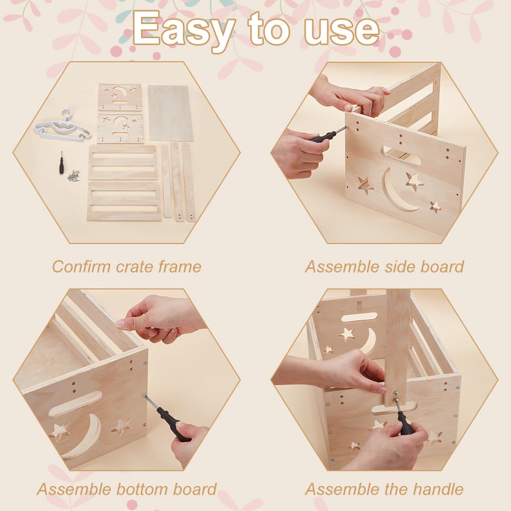 UNICRAFTALE Wooden Baby Shower Crate Closet Baby Storage Crate Hamper Shower Party Basket with Handle with 8pcs Kids' Hanger Welcome Baby Gifts Pregnancy Gifts for New Parents Star-Moon Motif - Image 4