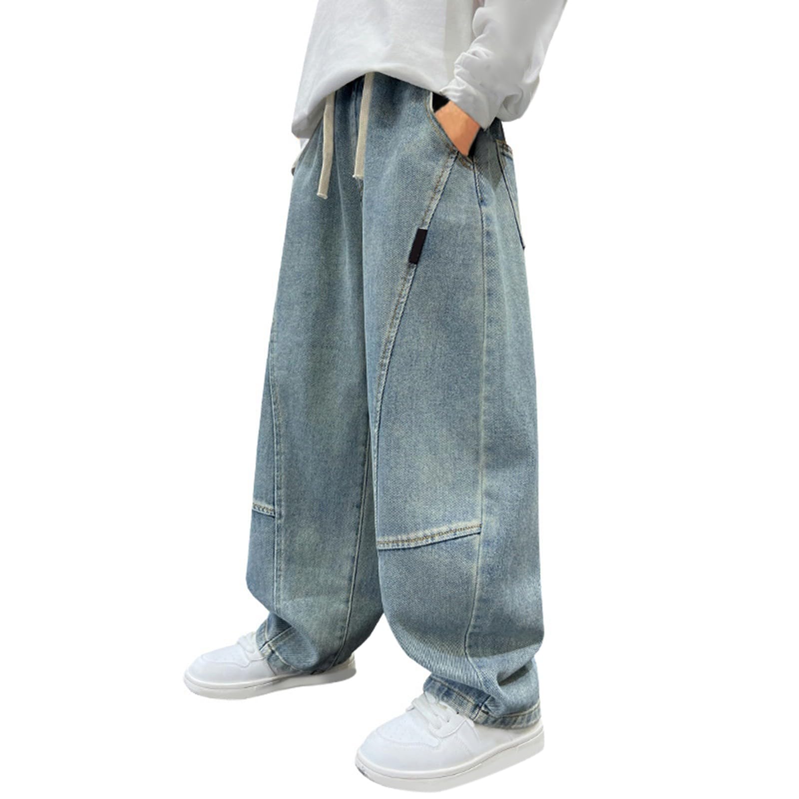 Boys Trendy Oversized Denim Pants Baggy Adjustable Elastic Waist Jeans Straight Leg Denim Pants (Light Blue, 5-6 Years)