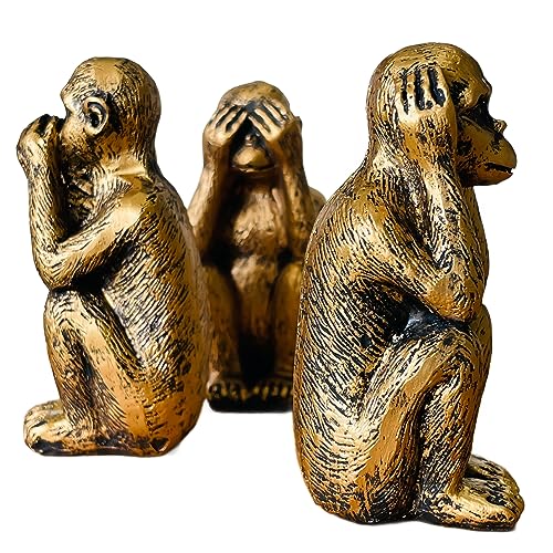 Set de 3 Estatuas Monos Sabios con Recubrimiento Bronce
