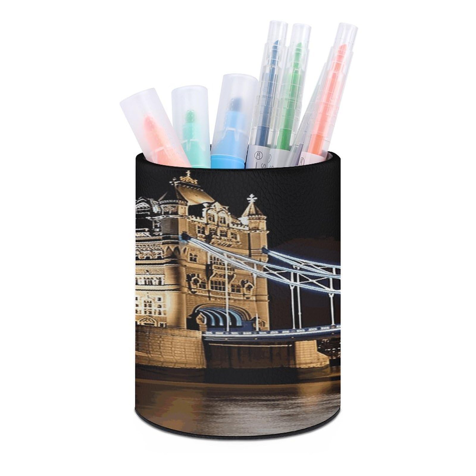 LDGSUPH Night London Tower Bridge Round Pen Holder Leather Pen Cup Pencil Cup Pen Organizer Pencil Holder for Desk Organizer Pencil Organizers Makeup Brush Holders for Home Office Gift