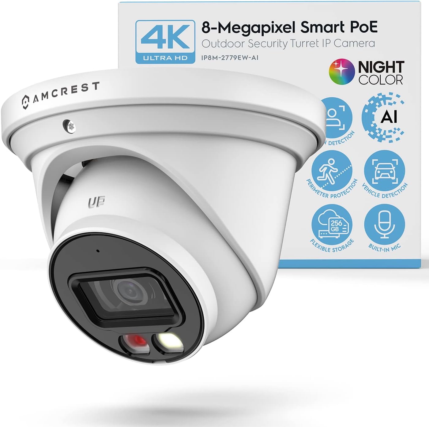 UltraHD 4K (8MP) IP PoE AI Camera, 49ft Nightcolor, Security Outdoor Turret Camera, Built-in Microphone, Human Detection, Active Deterrent, 129° FOV, 4K@15fps IP8M-2779EW-AI (White)