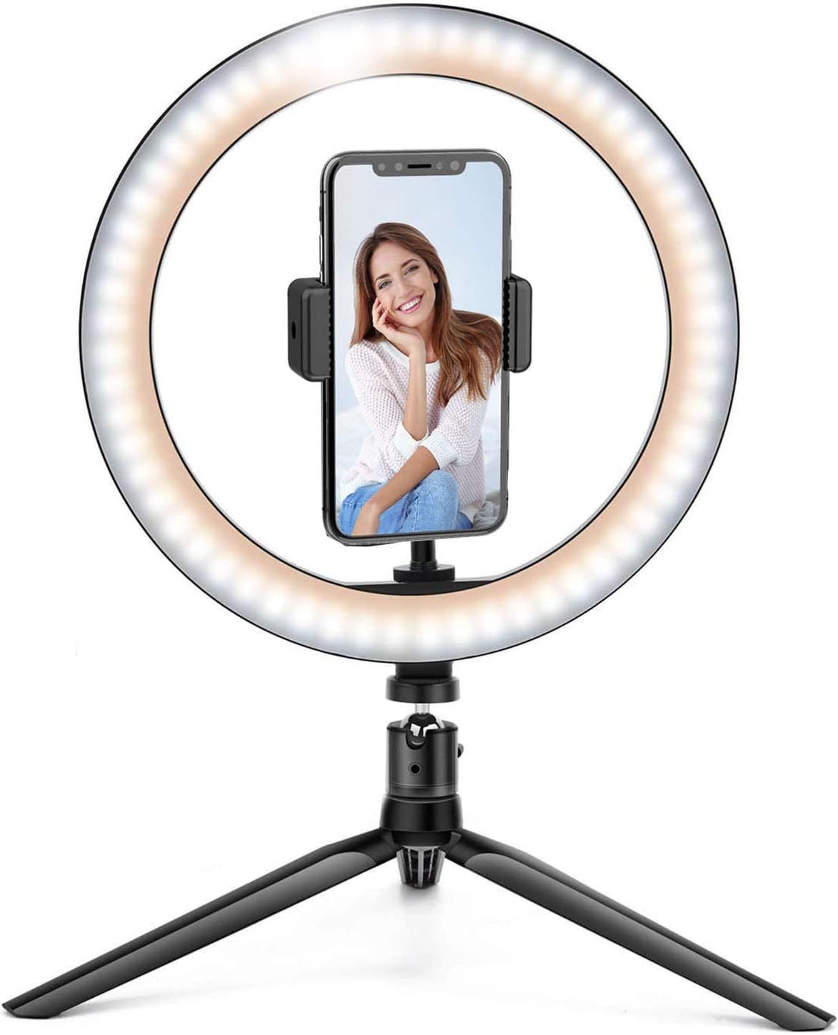 LED Ring Light 10" with Tripod Stand & Phone Holder for Live Streaming & YouTube Video, Dimmable Desk Makeup Ring Light for Photography, Shooting with 3 Light Modes & 10 Brightness Level