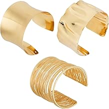 3pcs Gold Bangle Bracelets Set for Women, Smooth Wire and Hammered Open Cuff Irregular Minimalist Wide Chunky Statement Arm Cuff Upper Arm Adjustable Wrist Jewelry for Party Daily Gifts