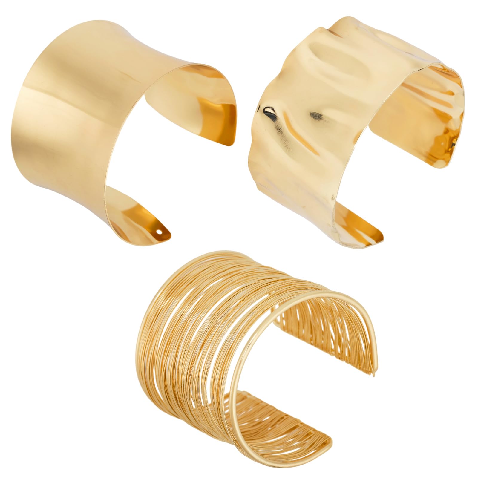 Mikovivi 3uds Conjunto Pulseras Doradas para Mujer, Alambre Liso y Brazalete Abierto Martillado Brazalete Brazo Ancho Irregular Tipo Chunky Joyería Ajustable Muñeca para Fiesta Regalos Diarios