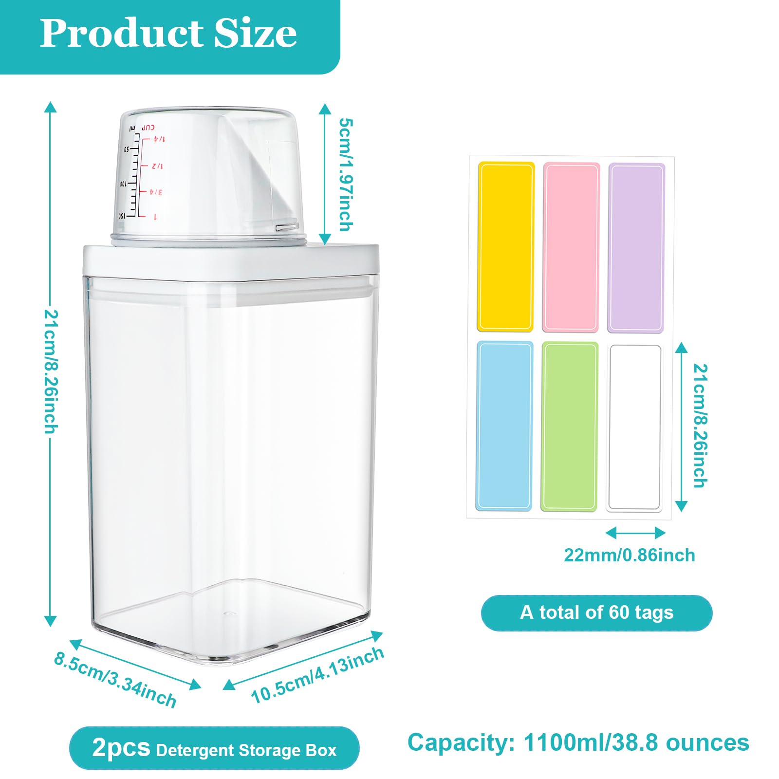 2 Pièces Distributeur De DéTergent à Lessive, 1100ml Récipient de Détergent de Stockage de Poudre À Laver avec Tasse à Mesurer, Récipient À Lessive en Poudre BoîTe De DéTergent, EU030
