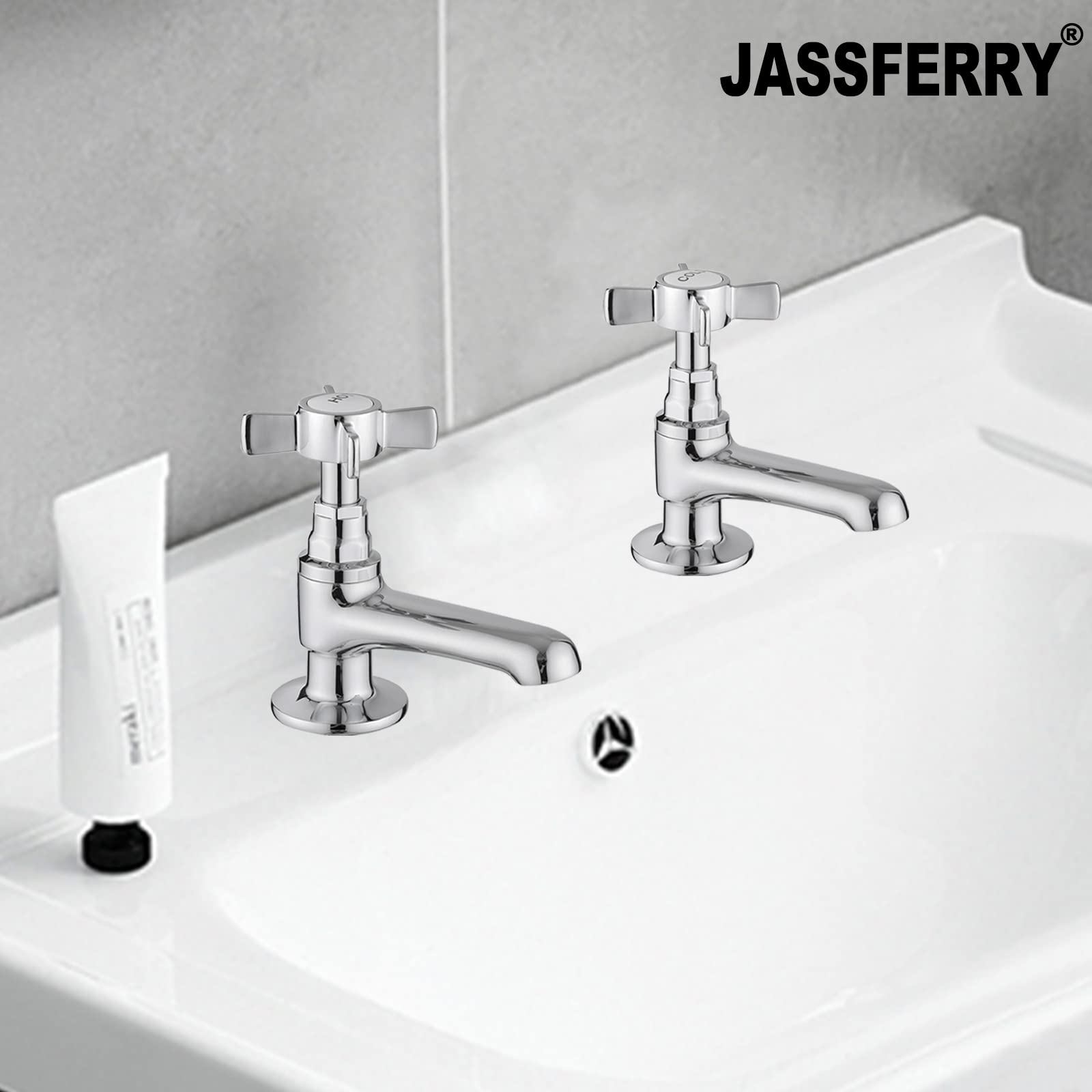 JASSFERRY - Coppia di rubinetti per lavabo, con manico a croce in ceramica, per lavandino da 1,2 cm