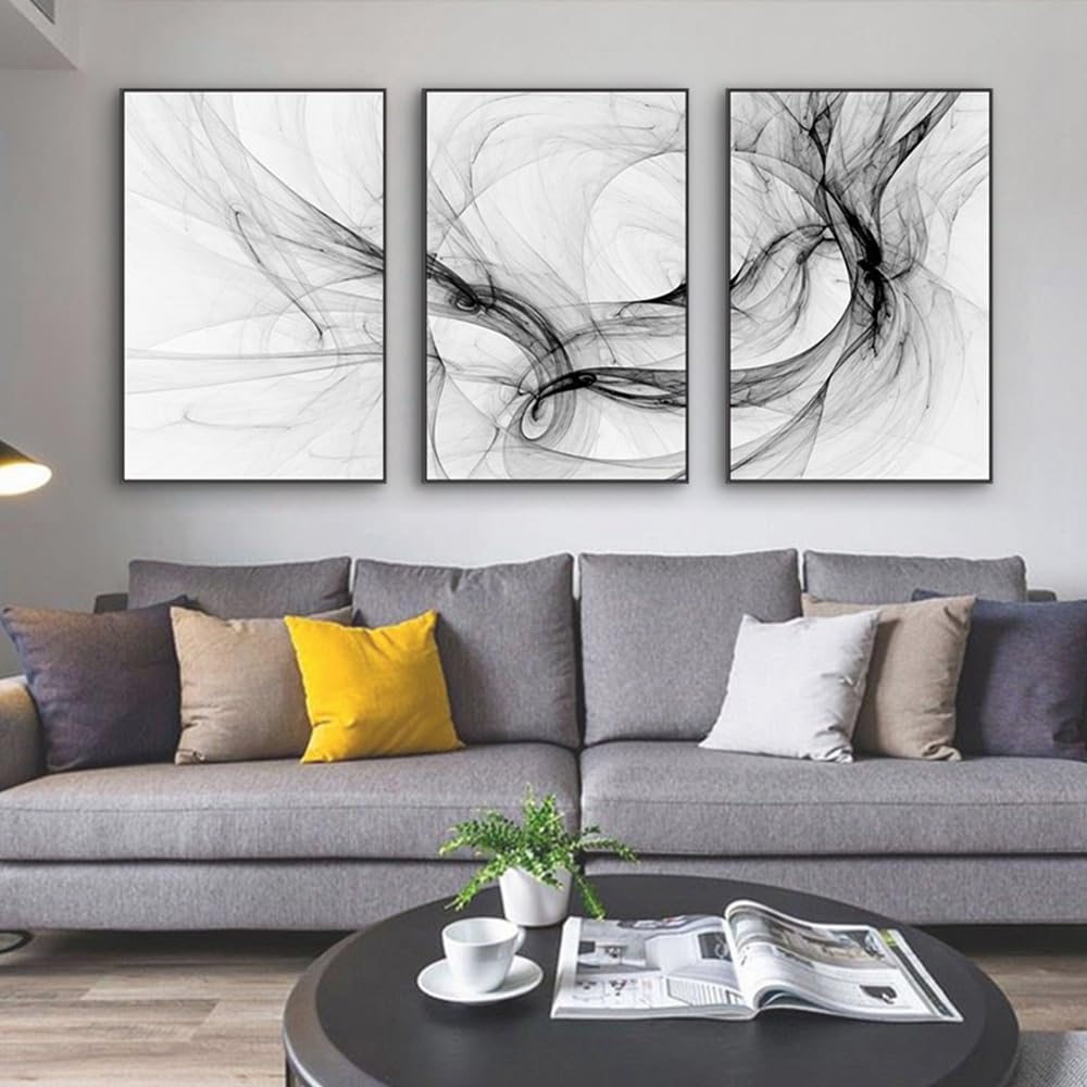 Abstrakt Poster Schwarz Weiß 50x70cm, Wohnzimmer Deko Wandbilder Line, Schwarz Weiß Kunst Wandkunst Leinwand, Geometrie Linie Bilder Ohne Rahmen (A,50x70cm x3)