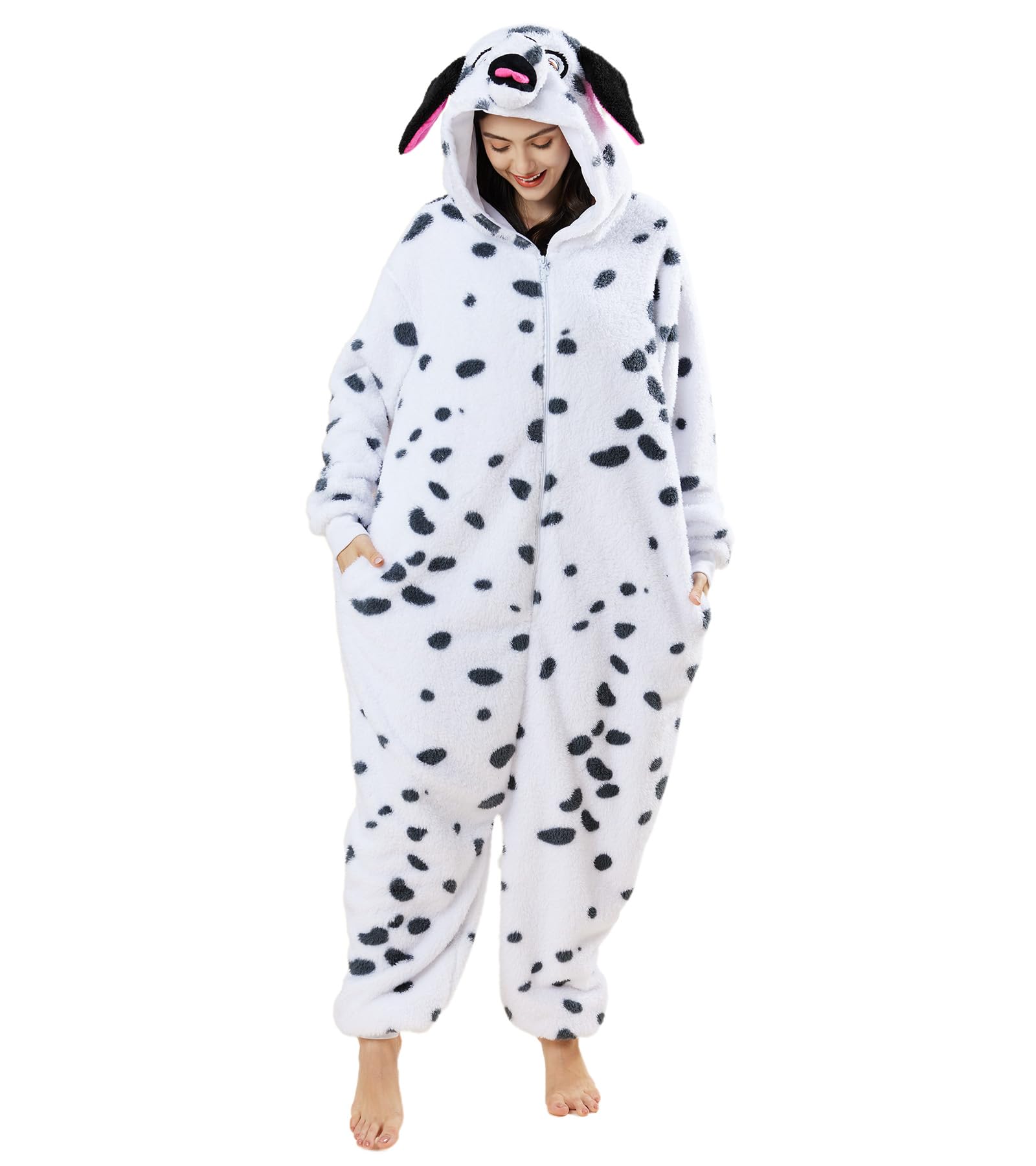 Dodheah Pijama unisex de Dálmata, disfraz de perro manchado, disfraz de Halloween, disfraz de animal para cosplay, overol de una pieza para adultos