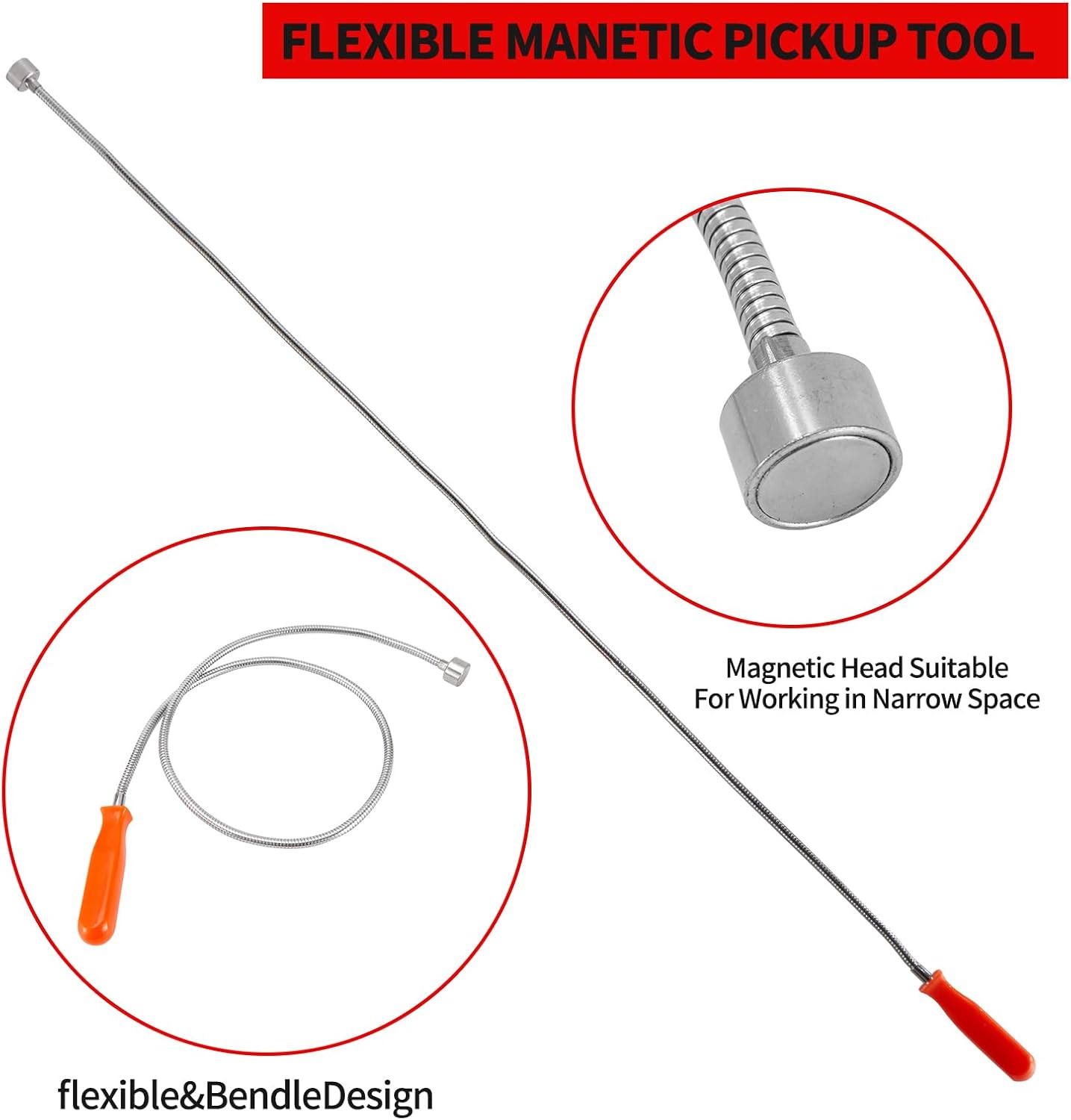 Flexible Magnetic Pickup Tool Bendable Retrieve Stick - Extendable to 44”20LB Pull, Useful for Hard-to-Reach Place, Sink Drains Mechanic Automotive